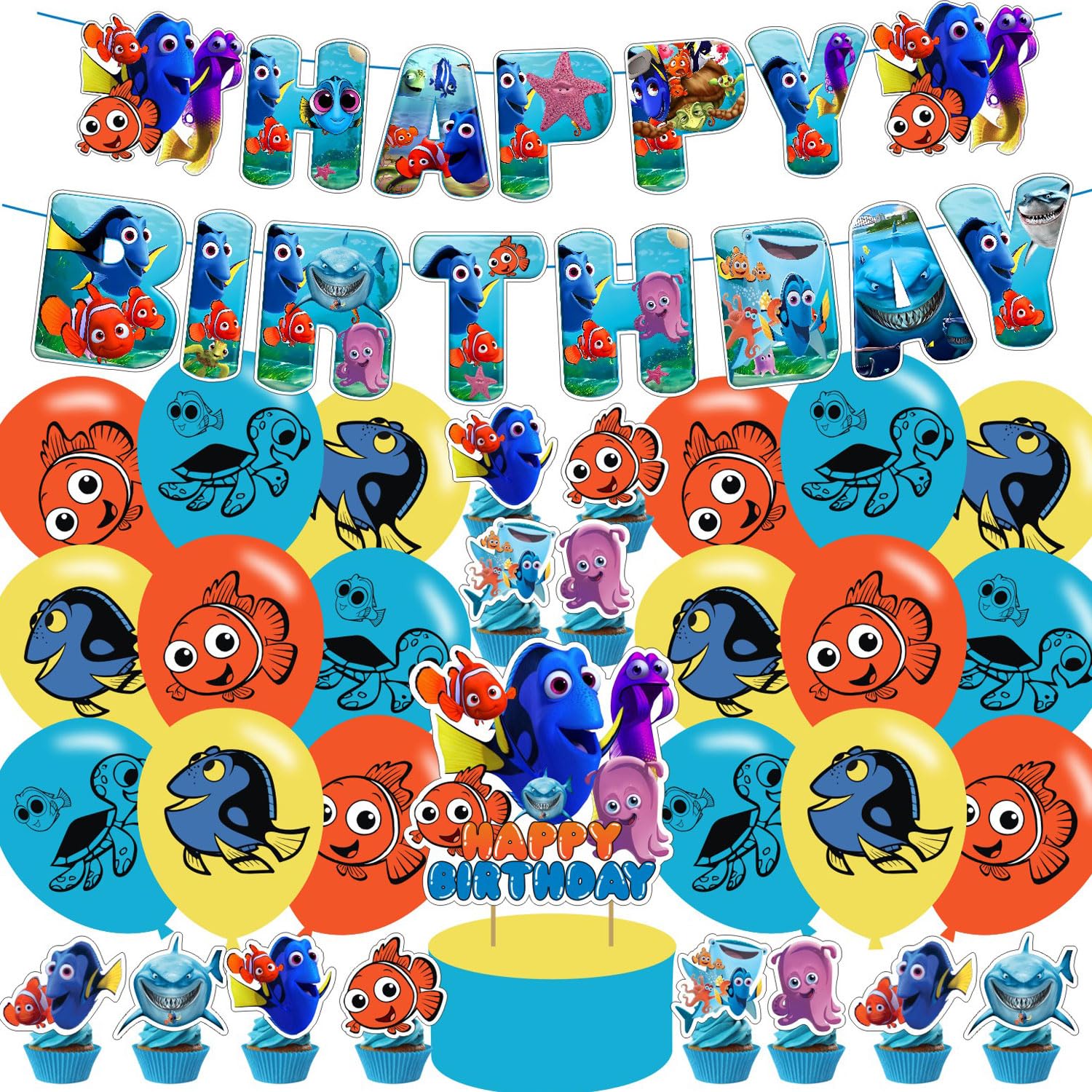 Finding Nemo Birthday Decorations,Finding Nemo Themed Party Decorations,Finding Dory Party Favors Supplies Gifts Room Decor,Banner Balloons Cake Cupcake Toppers