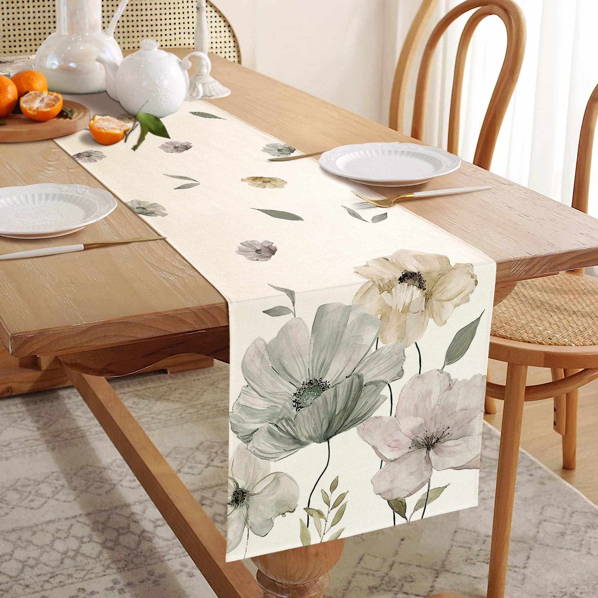Runner Da Tavolo In Lino Con Stampa Fiori - Decorazione Cucina E Sala Da Pranzo, Lavabile E Idrorepellente - Foto 6