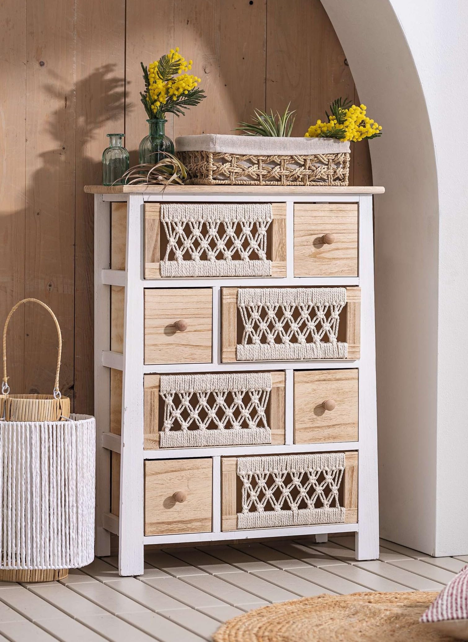Dekoleidenschaft Kommode Makramee aus Holz & Textil, 56 x 77 cm, 8 Schubladen, Schubladenkommode Boho Chic, Holzkommode, Schubladenschrank, Flurkommode, Nachtkommode, Nacht-Schränkchen, Flurschrank