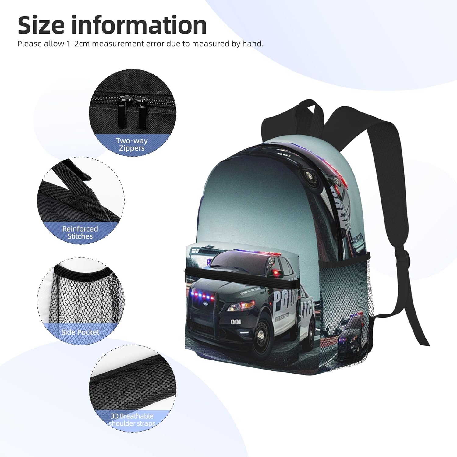 Police Car Backpack Travel Laptop Backpacks Police Ruckasck Book Bags School Bag for Boys Girls Kids Childrens Teenager Men Women - Image 5