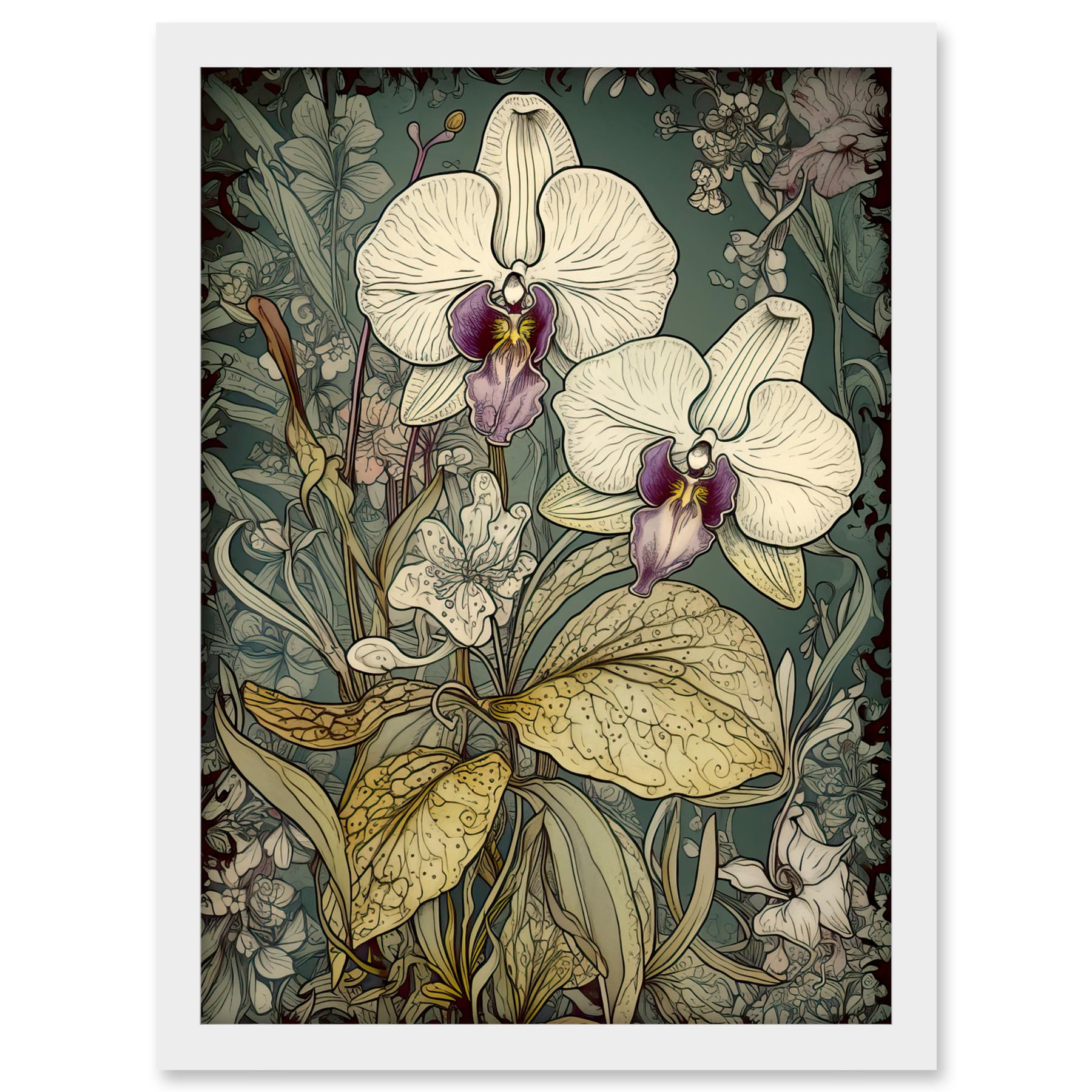 Artery8 William Morris Style White and Purple Orchid Artwork Framed A3 Wall Art Print