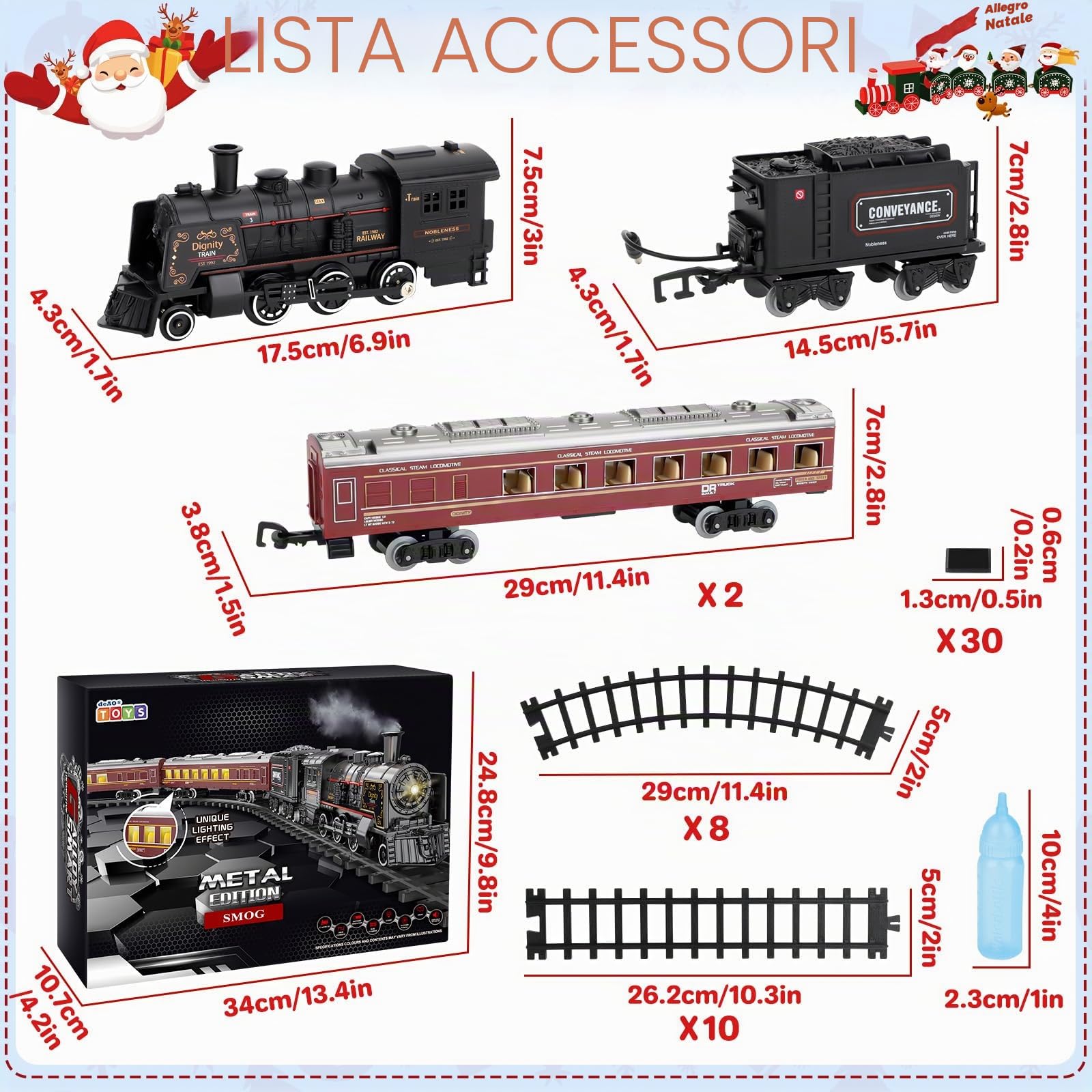 deAO Trenino Natalizio, Trenino Elettrico Classico con Binario Ovale - a Vapore Vintage con Vagoni Illuminati, Vapore e Suono - Regalo Perfetto per Bambini dai 3 4 5 6 Anni+, Nero