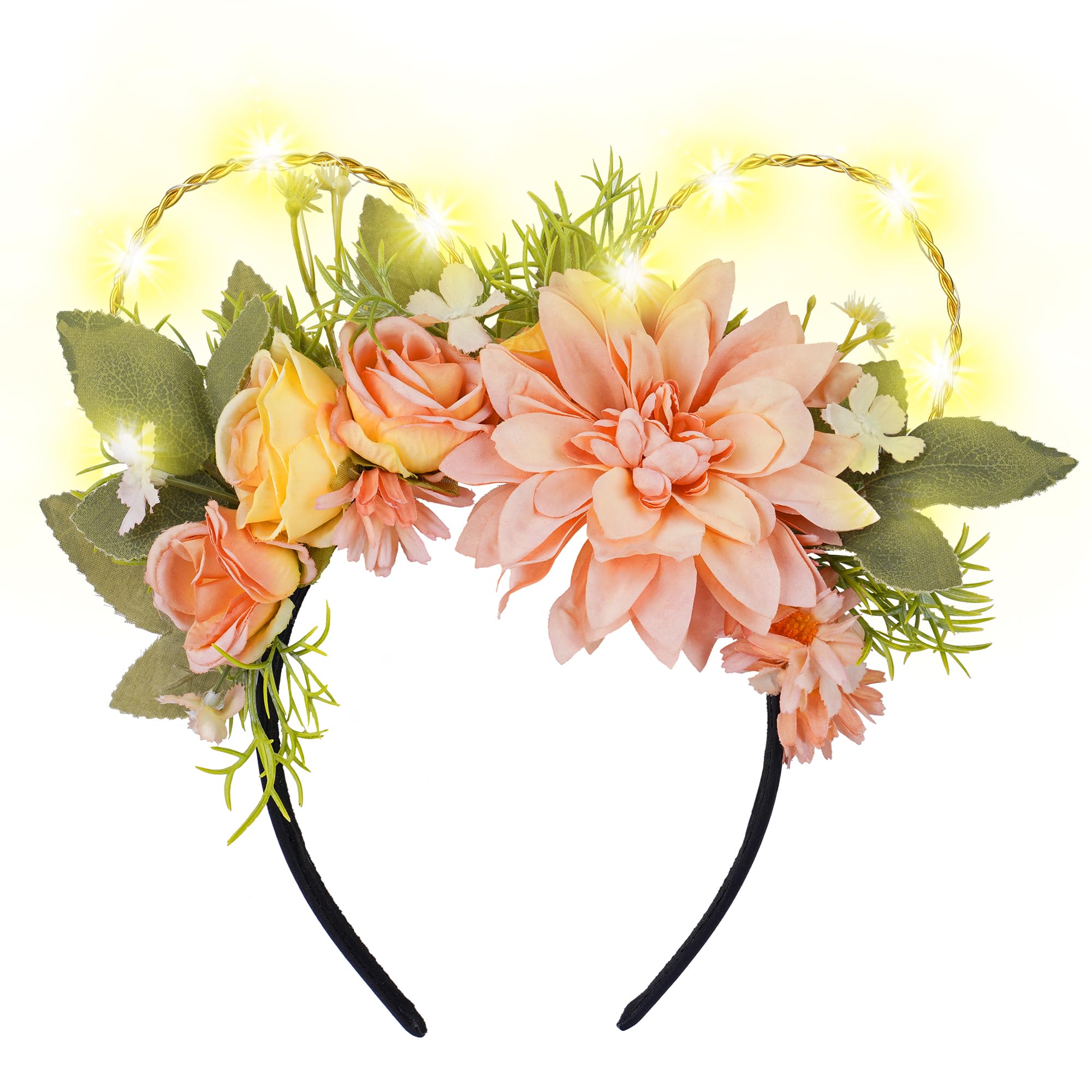 VISSTREE Pink Mouse Ears Headband - Light Up Flower Headpiece Floral Hair Hoop for Women Girls Halloween Party Hair Accessories Theme Park Costume