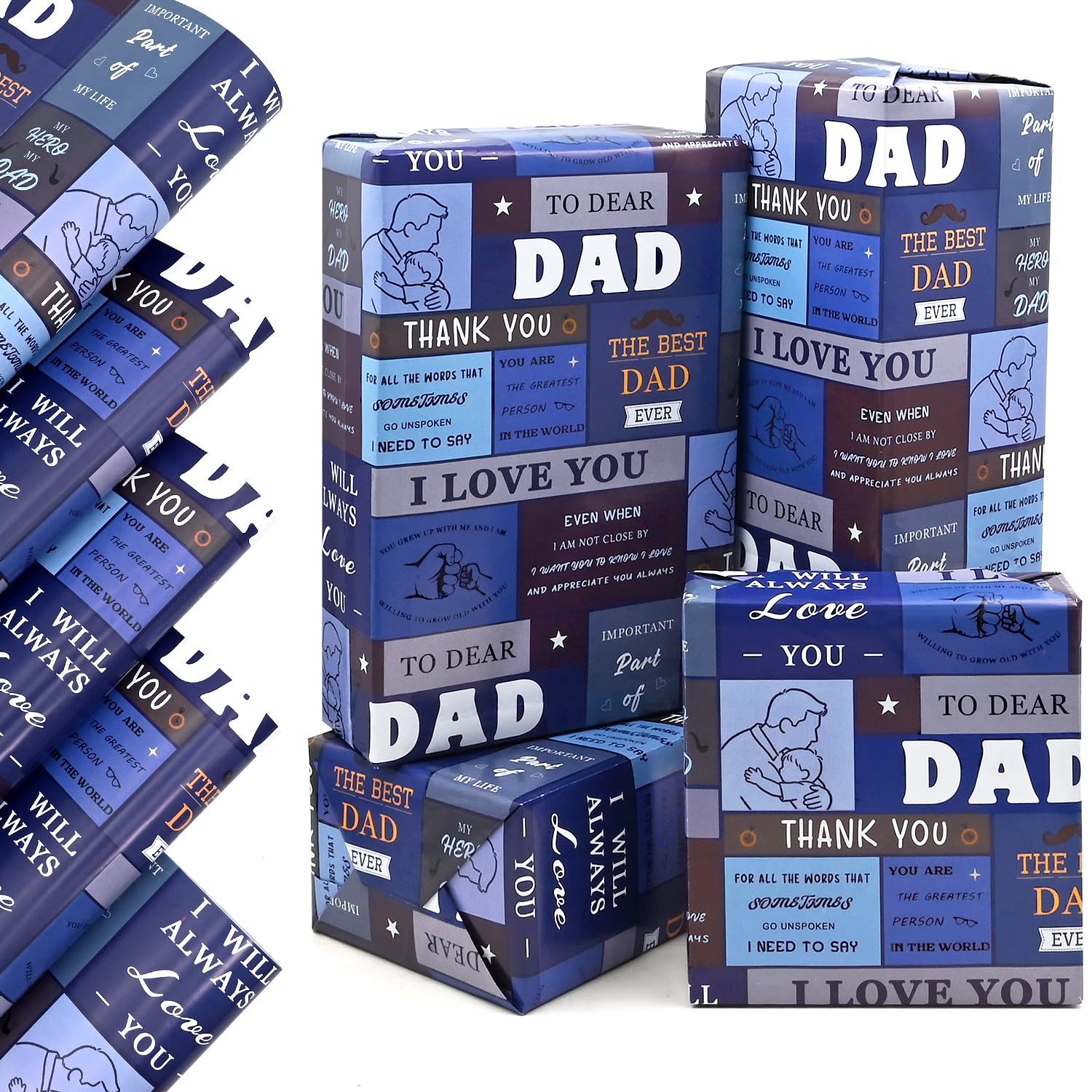 Father Day Wrapping Paper 5 Sheets, 50x70cm Blue Gift Paper with Best Dad Design for Birthday Party Father's Day Celebrations