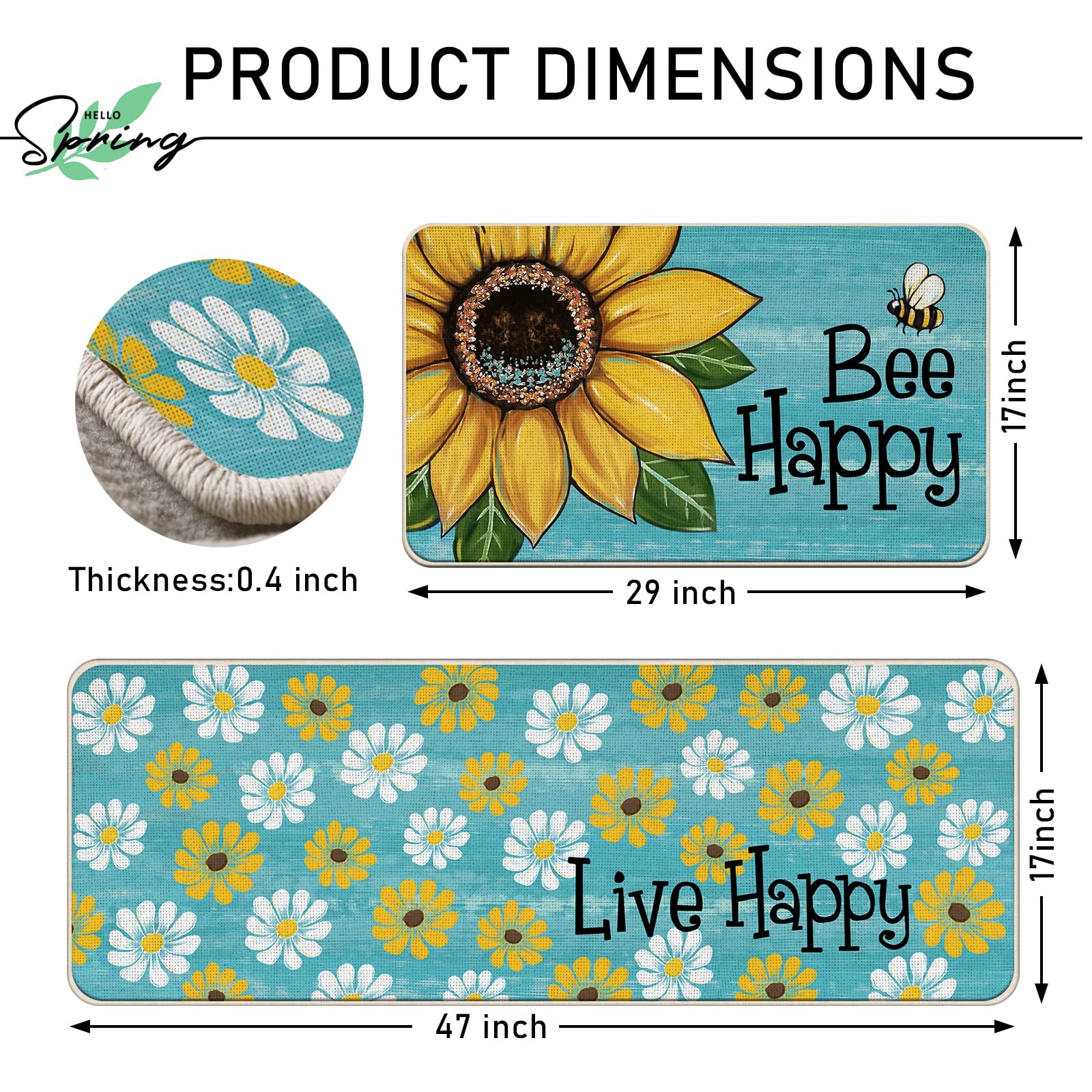 Tailus Spring Summer Flower Bee Happy Kitchen Rugs Set of 2, Live Happy Sunflower Floral Blue Kitchen Mats Decor, Seasonal Floor Door Mat Home Decorations -17x29 and 17x47 Inch