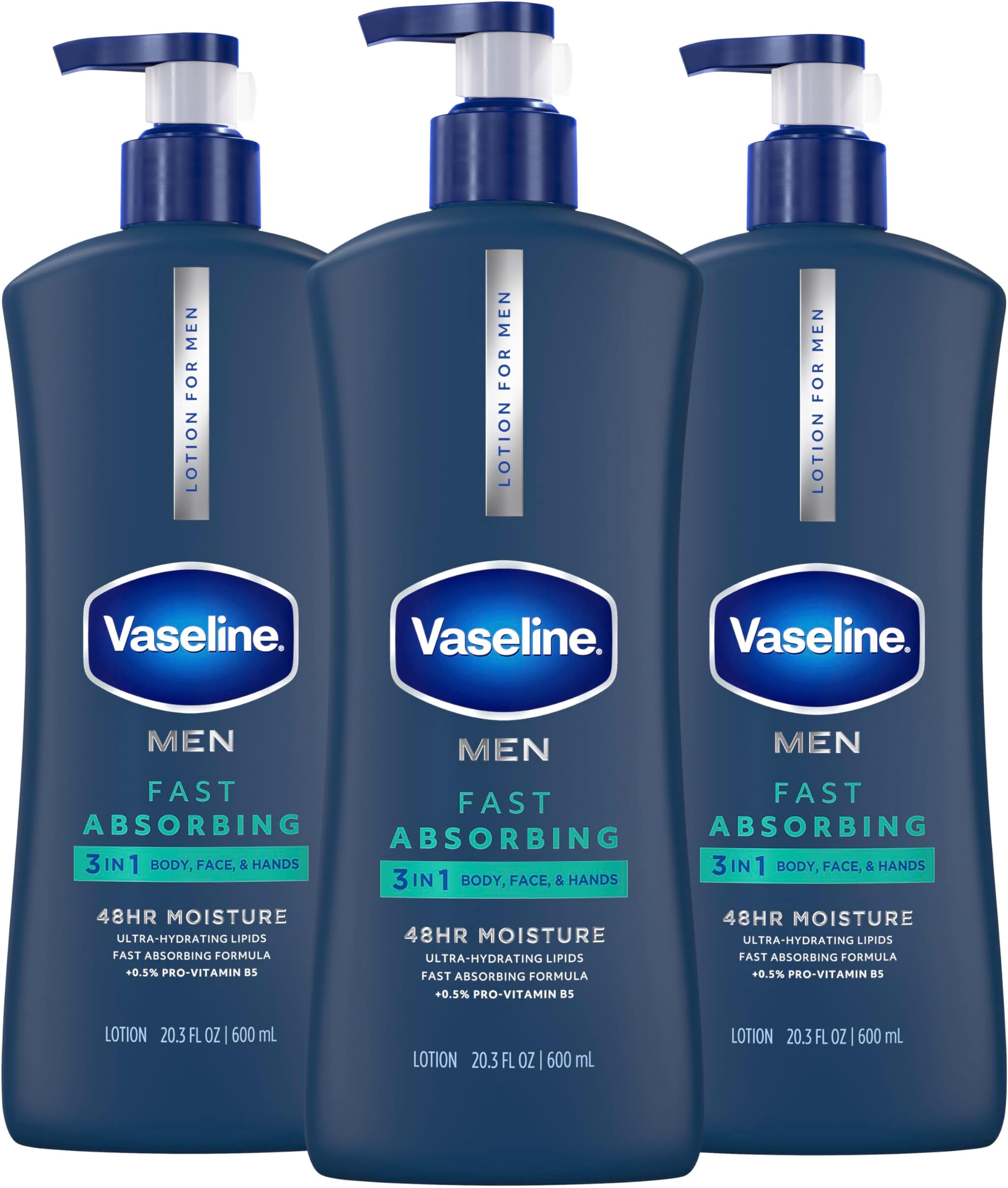 Vaseline Men 3 in 1 Body, Face & Hands Fast Absorbing Body Lotion for dry skin with 48H moisture + ultra hydrating lipids 600ml