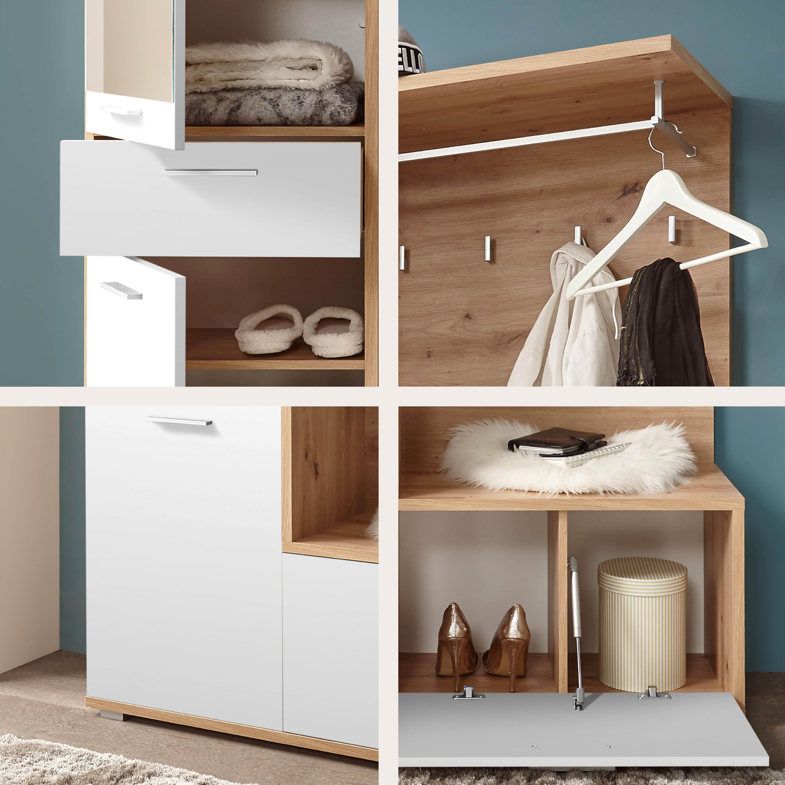 ENTRA Flurgarderoben Set Artisan Eiche Optik Weiß Kompaktgarderobe mit Spiegel 117x198x38 cm