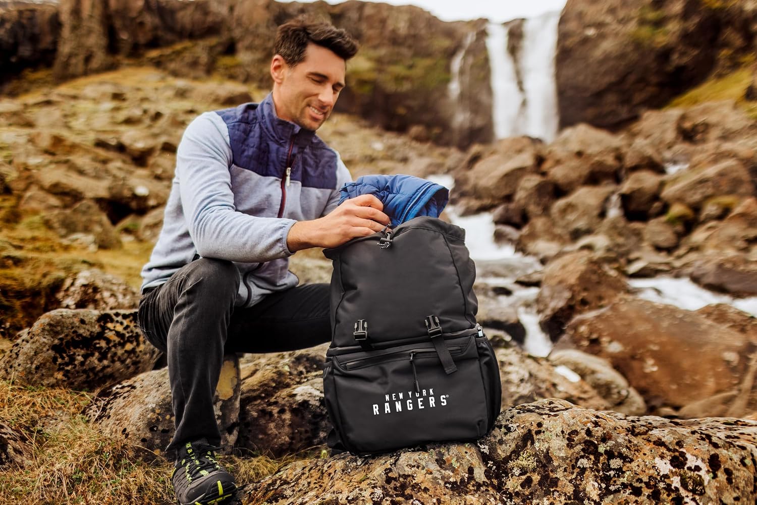 PICNIC TIME NHL New York Rangers Tarana Backpack Cooler made with Recycled Material, Soft Cooler Backpack, Upcycled Cooler Bag, (Carbon Black)