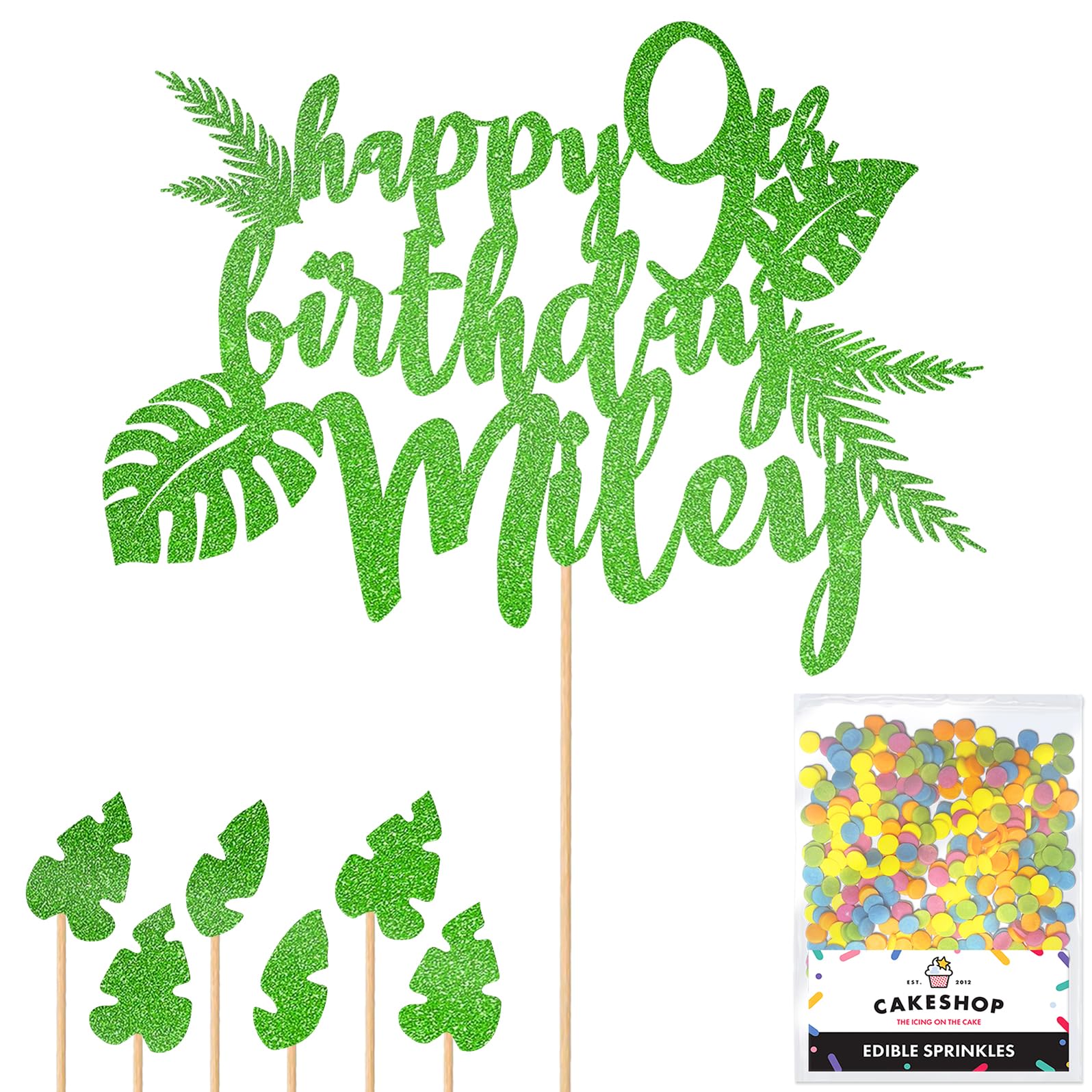 Personalised Birthday Jungle Themed Glitter Cake Topper- Green Any Custom Age & Name Glitter Cake Decoration and Sprinkles - Happy Birthday Decorations - Personalised Toppers for Cakes by Cakeshop