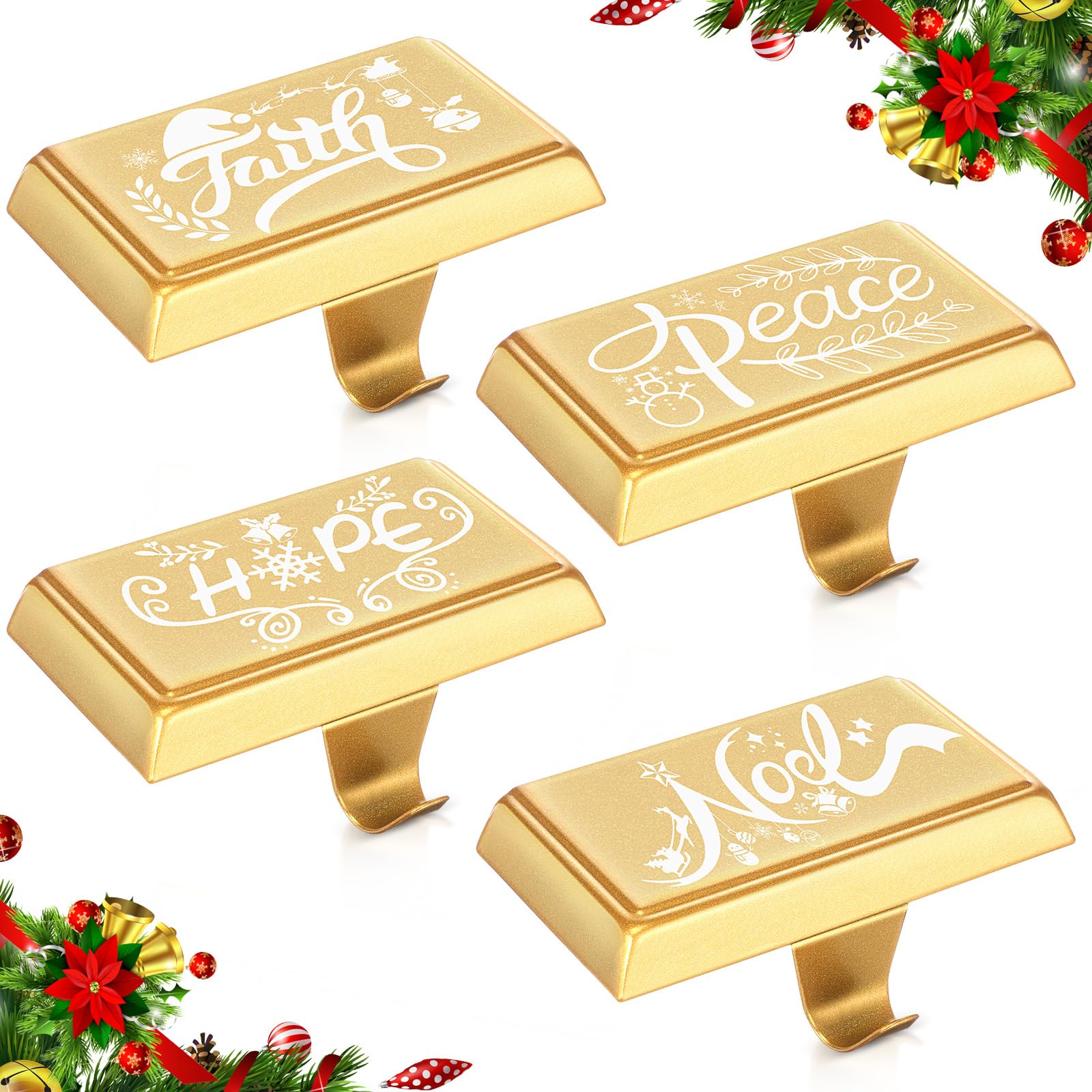 Yaocom 4 Pcs Christmas Stocking Holder Bases Weighted Mantel Stocking Hangers Peace Hope Noel Faith Fireplace Stocking Hooks for Fireplace Stand Hanger Holder Xmas Holiday Decoration (Gold)