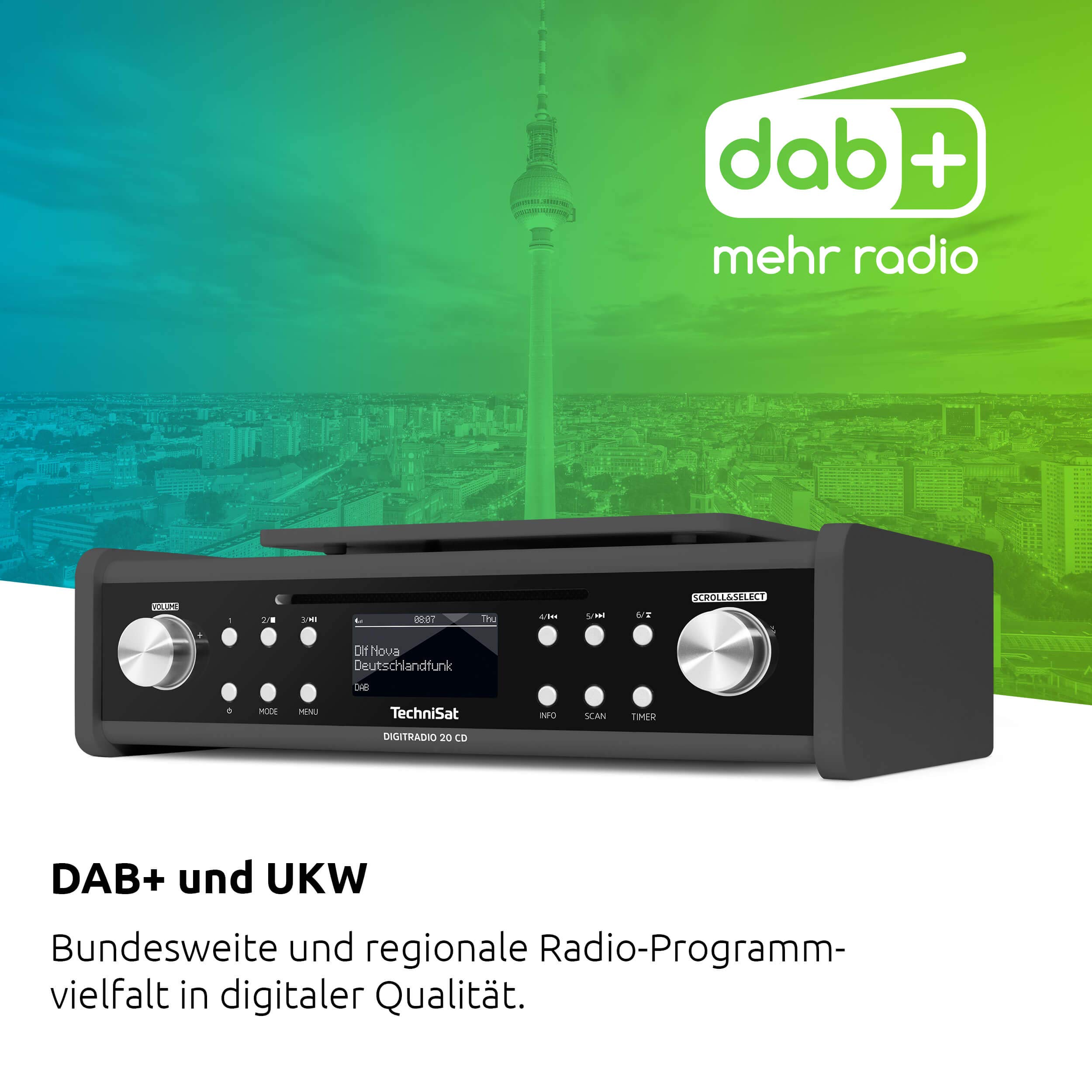 TechniSat Digitradio 20 CD – nowoczesne i kompaktowe radio do kuchni i łazienki DAB+ (radio podszafkowe FM z odtwarzaczem CD i zegarem)
