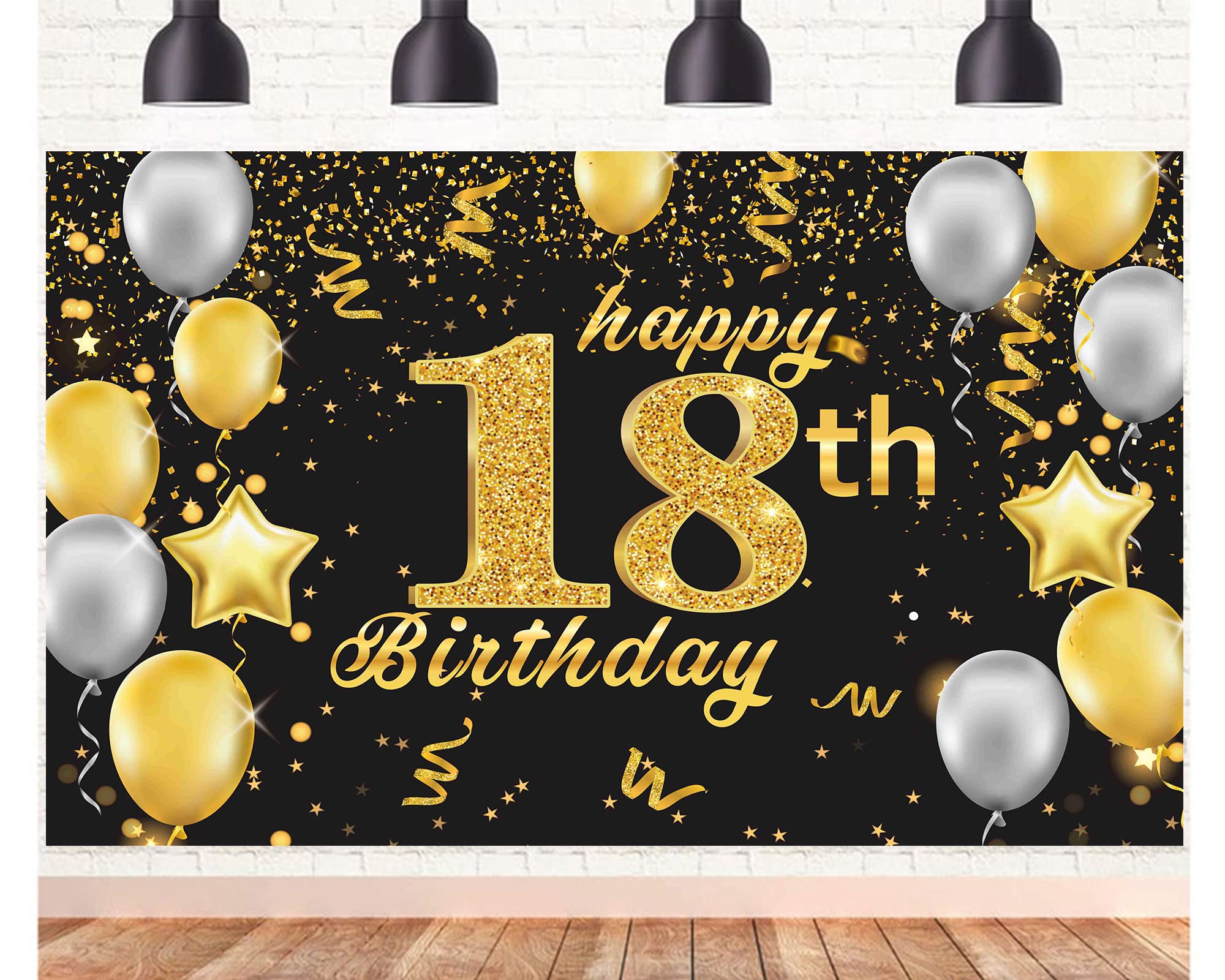 Happy 18th Birthday Banner,18th Birthday Decorations Black Gold,Party Backdrop Banner Fabric Banner for Men Women 18th Birthday Photo Backdrop,Photography Background,Outdoor Garden Table Wall Decor