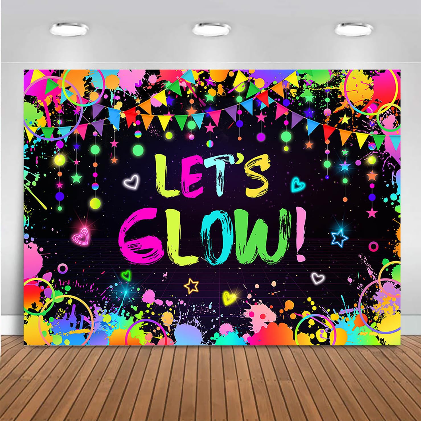 Mocsicka Neon Glow Party Backdrop Let’s Glow in The Dark Decorations Party Supplies Neon Graffiti Splatter Happy Birthday Banner Background Photo Booth Props (Glow Design but Not Glow) (7x5ft)