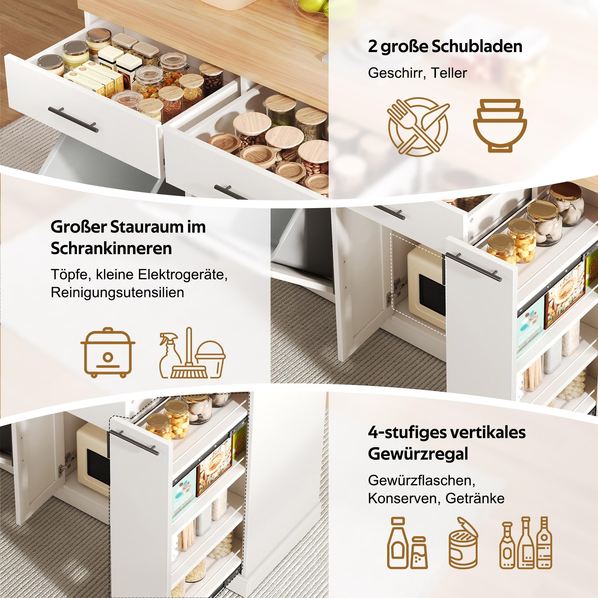 Merax Kücheninsel Freistehend mit Mülleimer, Küchenwagen mit Rollen, Küchenschrank mit Klappbarer Arbeitsplatte, 4 Gewürzregal, 2 Schubladen, Mülleimer Schrank für Küche, 120x70x93,5cm, Weiß