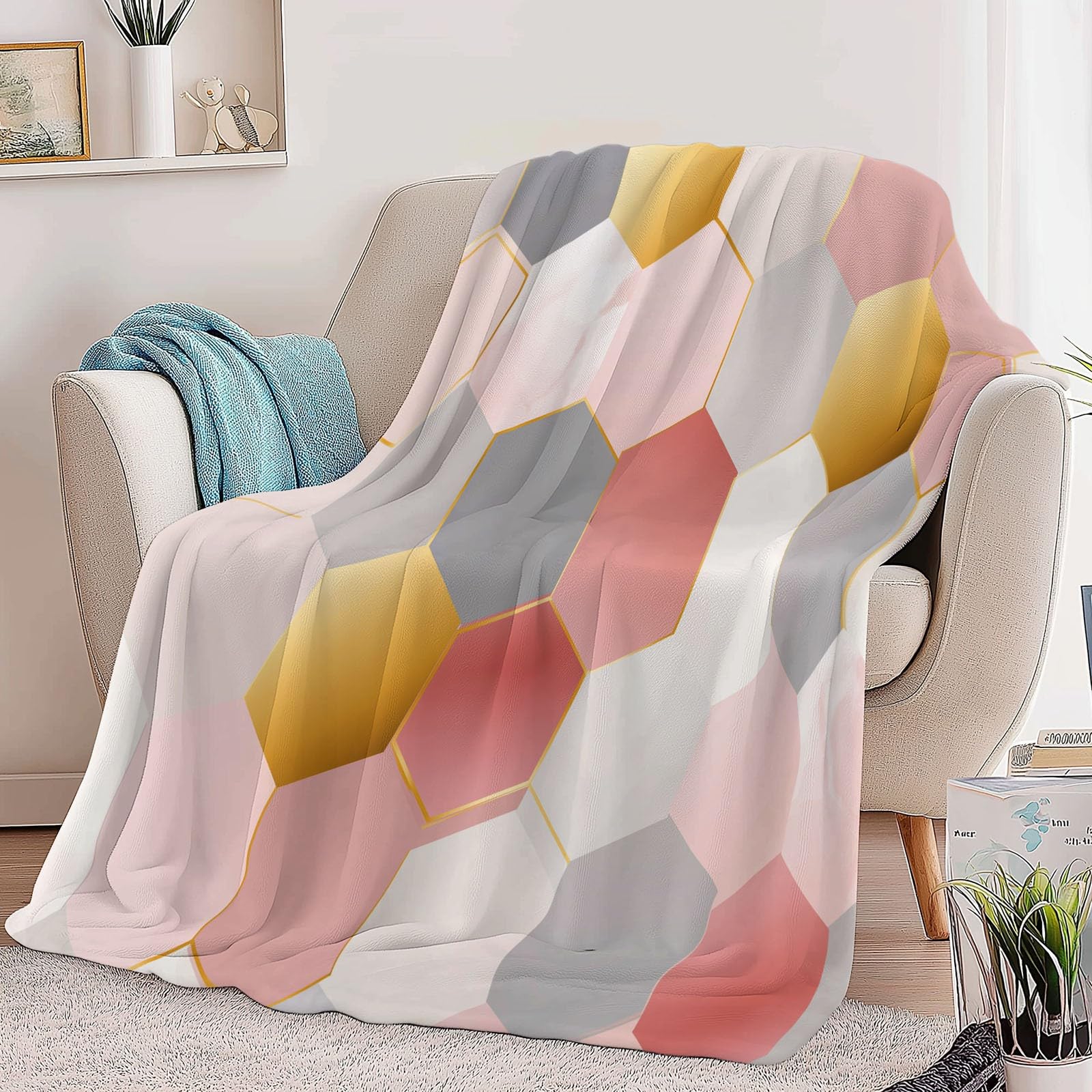 Coperta Plaid Pile in Flanella 180x220 cm Coperta Pile Piccola Esagoni Geometrici A Nido D'Ape, Morbida Soffice Calda Coperte per Divano Singolo Matrimoniale Letto Rosa
