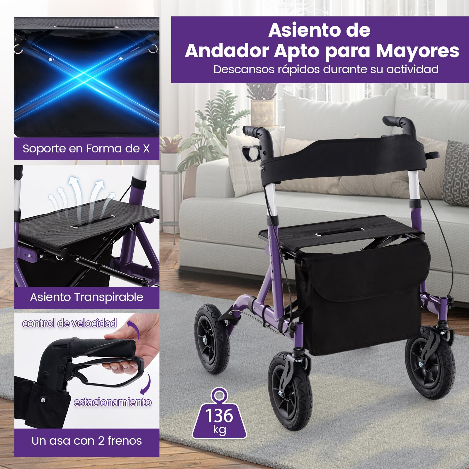 COSTWAY Andador Plegable para Ancianos con Asiento, Andadores Adultos con Ruedas Ajustable en Altura, Rueda Neumática Todo Terreno de 24 cm, Bolsa de Almacenamiento, Capacidad 160 kg (Morado)