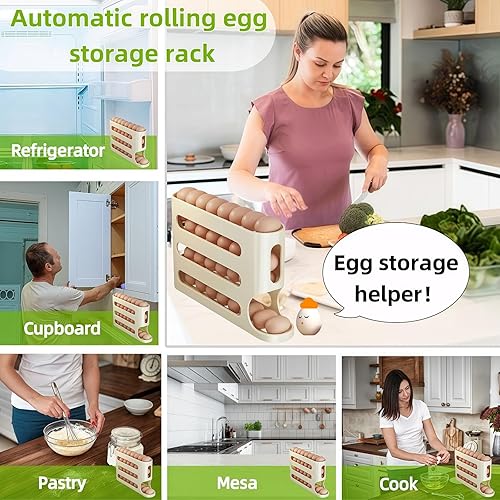 Miniatura 6 de Soporte para huevos para refrigerador, contenedor de huevos para refrigerador, dispensador automático de huevos rodante que ahorra espacio, estante
