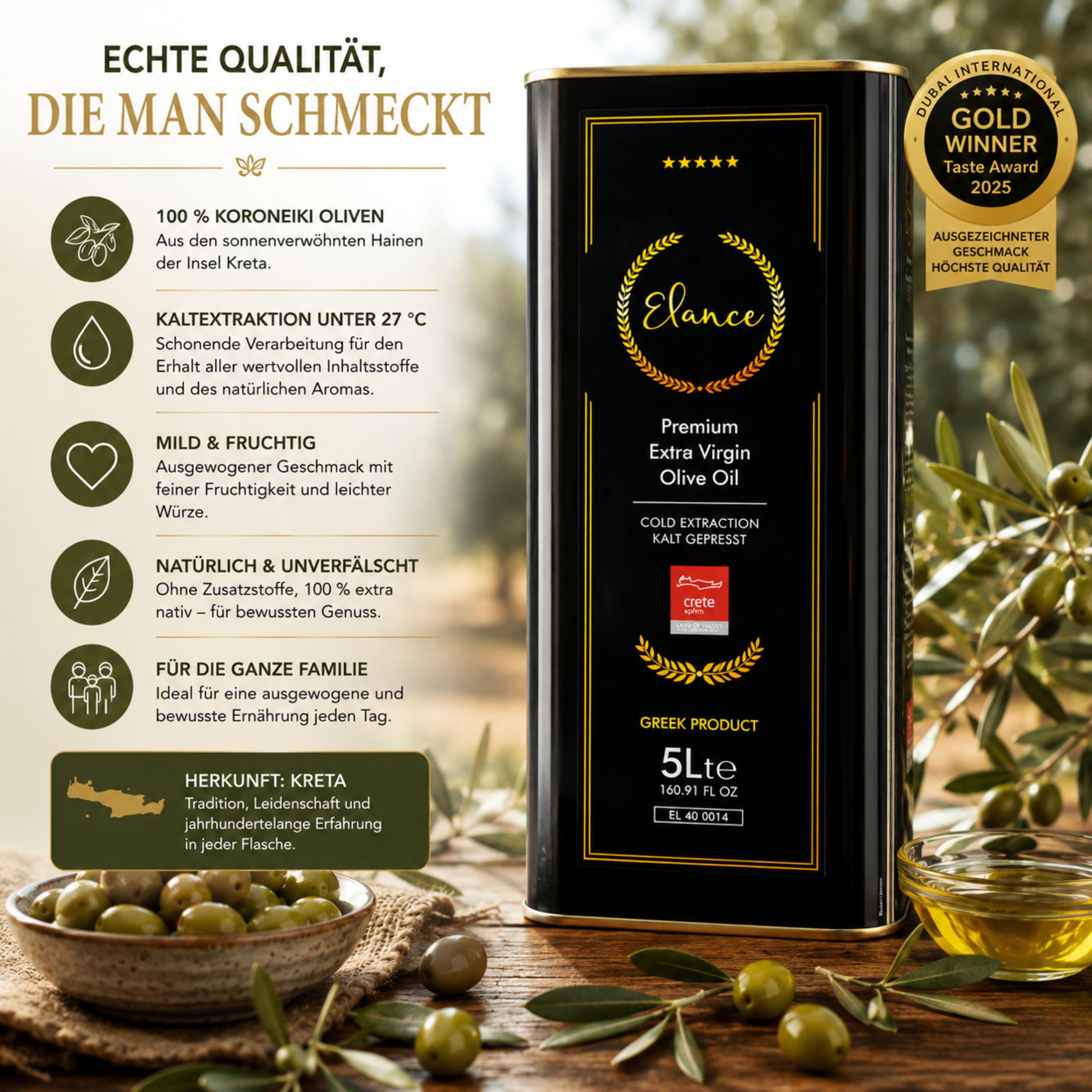 Elance Olivenöl 5 Liter Extra Nativ Premium - Neue Ernte - Direkt aus Kreta, Griechenland - Erste-Güteklasse - 100% Handverlesen | Kalt extrahiert