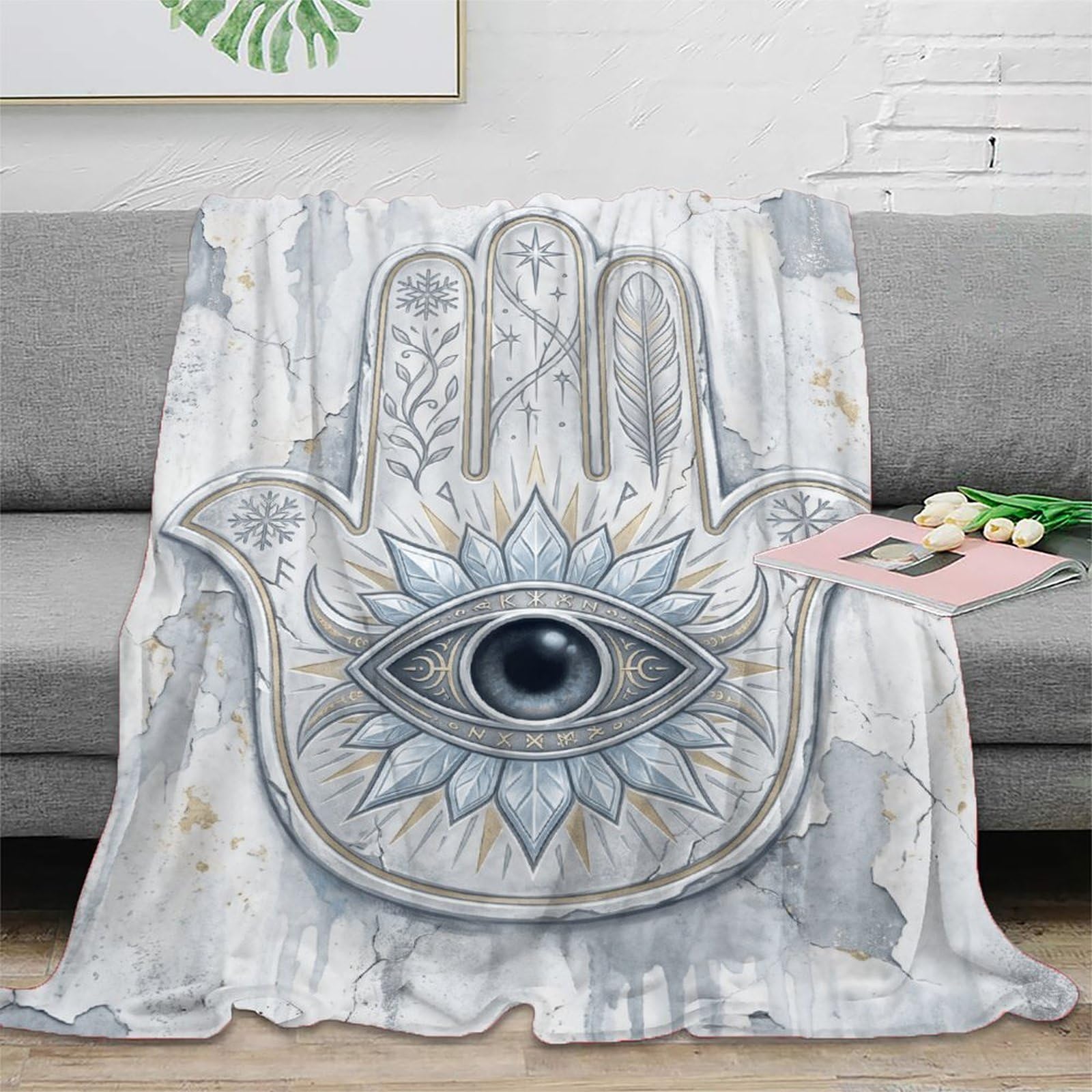 W7C8U2X3 Hamsa Hand Silver Blanket, Flannel, Travel, Bohemian Mystic Motif