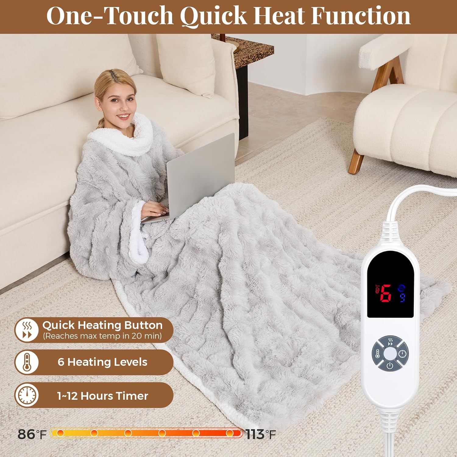 Wearable Heated Blanket, Luxury Faux Fur & Sherpa Electric Throw Blanket with Sleeves, Foot Pockets, Heated Robe for Women Men Gift, 3 Heat Levels & 12H Timer, ETL & FCC Certified, 52"x 72" Light Grey - Image 3