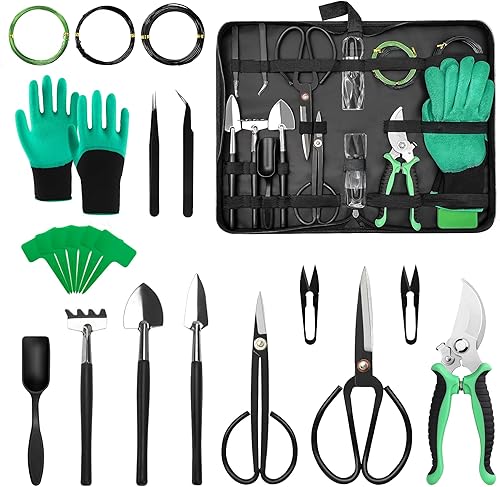 Kit de herramientas de bonsái - Juego de herramientas de bonsái de 21 piezas con bolsa de piel sintética para principiantes  Regalos de jardinería