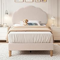 VECELO Twin Size Upholstered Platform Bed Frame with Adjustable Plush Headboard, Wood Slats, No Box Spring, Beige 600LB Capacity