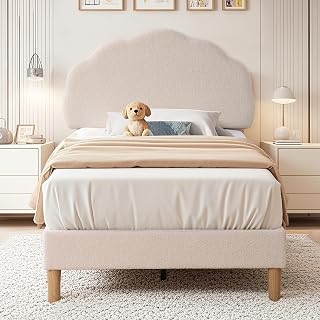 VECELO Twin Size Upholstered Platform Bed Frame with Adjustable Plush Headboard, Wood Slats, No Box Spring, Beige 600LB Capacity
