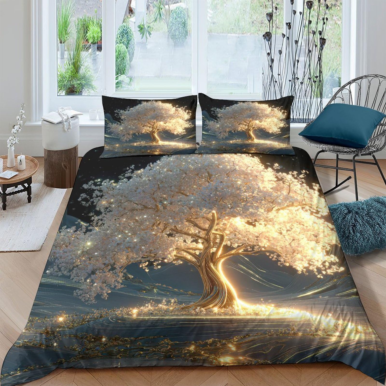 Ctjqhvkz Style-8 3D Printed Glowing Fantasy Tree Fitted Sheet Microfiber Soft Artistic Bedroom Bed Cover For Home Décor Mattress Protection Single（135X200cm）