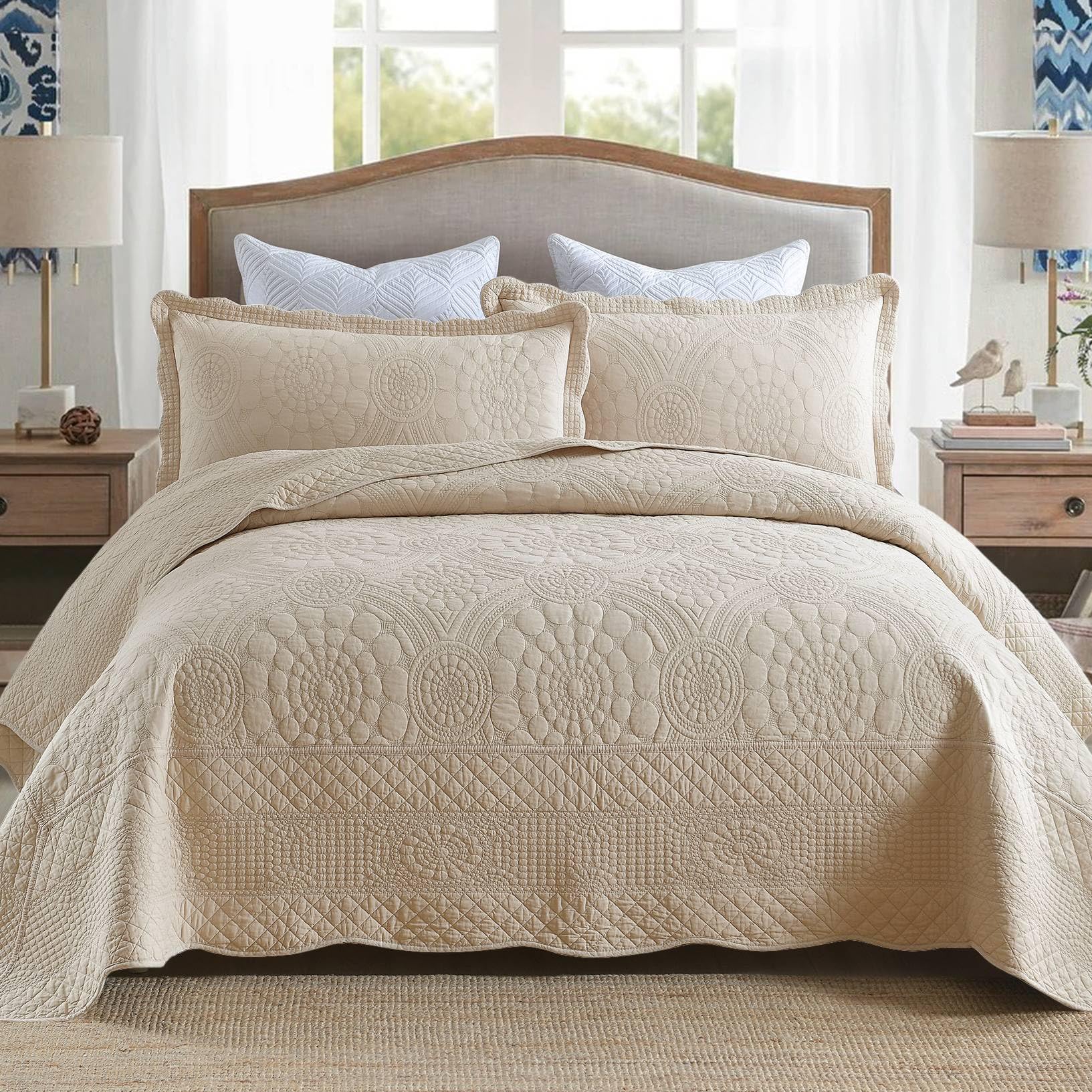 MarCielo 3-Piece 100% Cotton Oversized Bedspread Lightweight Quilt Coverlet Embroidery Farmhouse Bedding (Tf Khaki Beige, Oversized King (118"x106"))