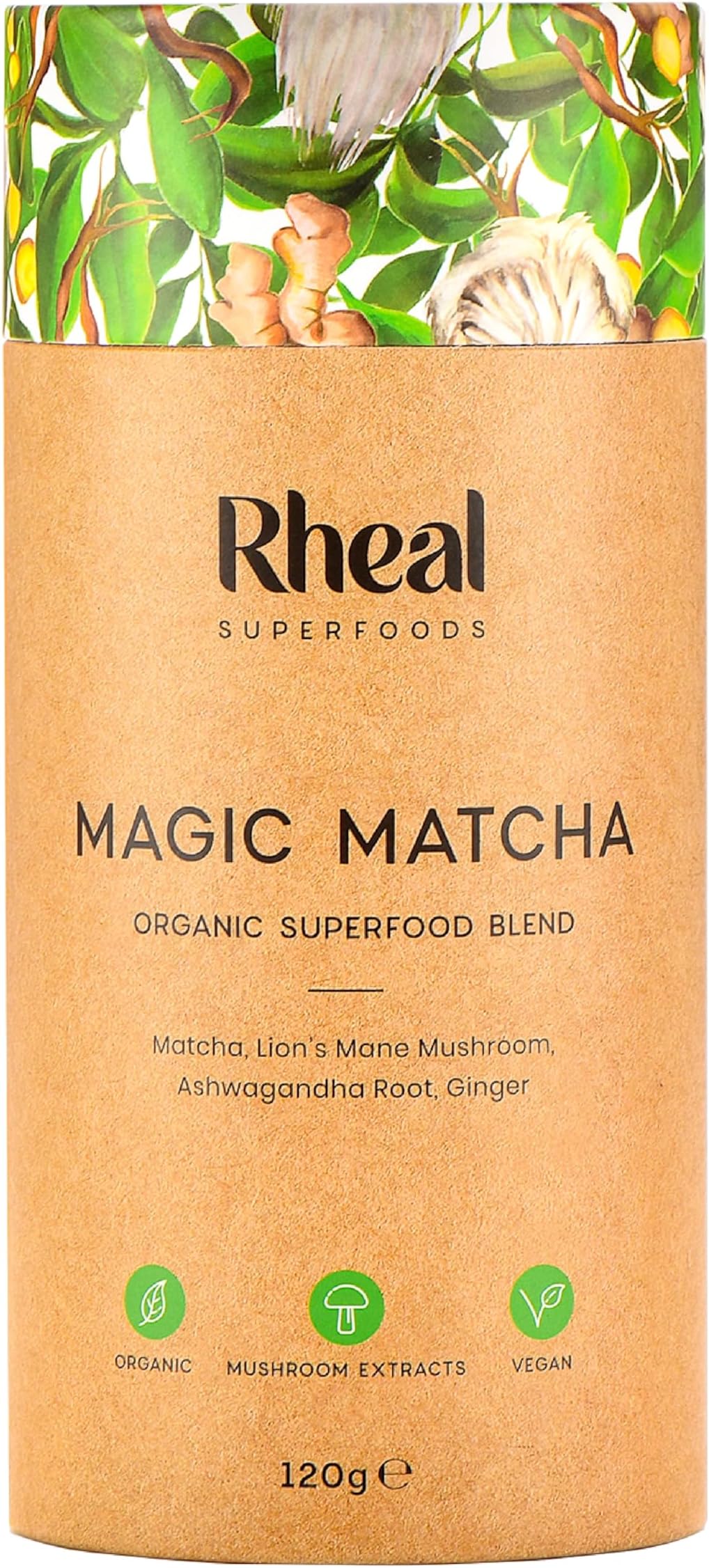 Rheal Magic Matcha, 120g (60 Servings), Organic Ceremonial Grade Japanese Matcha Green Tea Powder, With Lionโs Mane Mushroom & Ashwagandha, Vegan Superfood for Focus & Energy