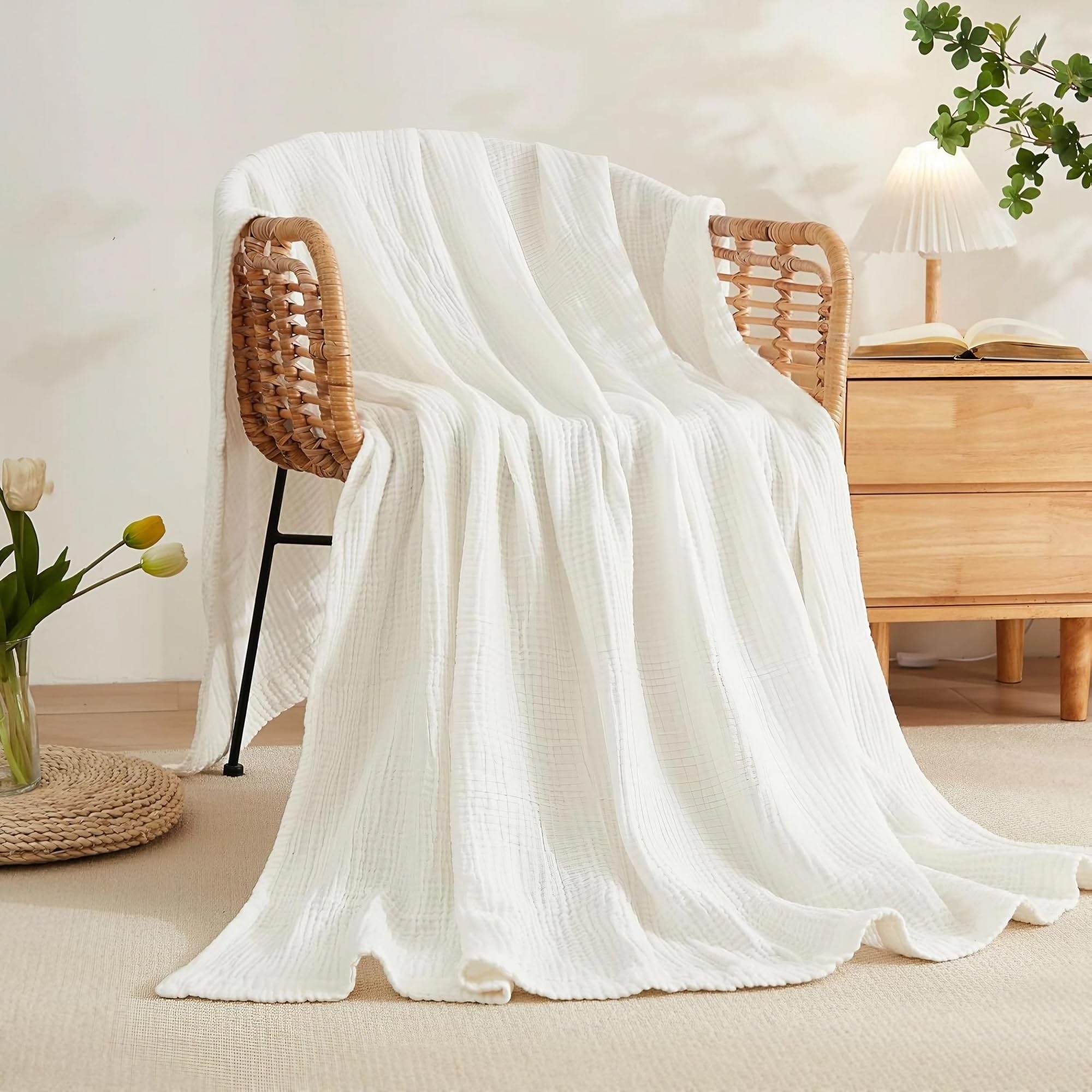 Manta de Muselina de Algodón Suave - Fresca y Transpirable para Sofá en Verano, Uso Todo el Año(White,70 x 140 cm)