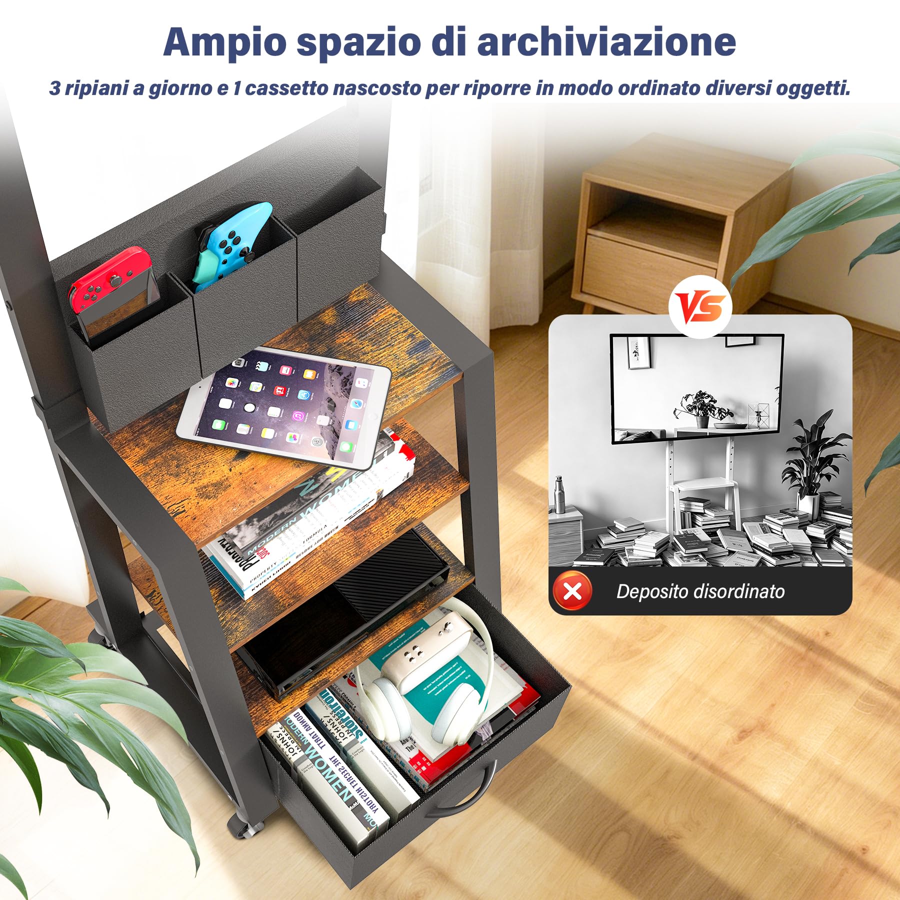 Mobile porta TV con ruote, cassetto e 3 ripiani per TV piatti/curvi da 23"-60", mas 72 kg, per LCD/LED/OLED. Carrello mobile con altezza regolabile per casa, ufficio e esterni, VESA mas 400x400mm