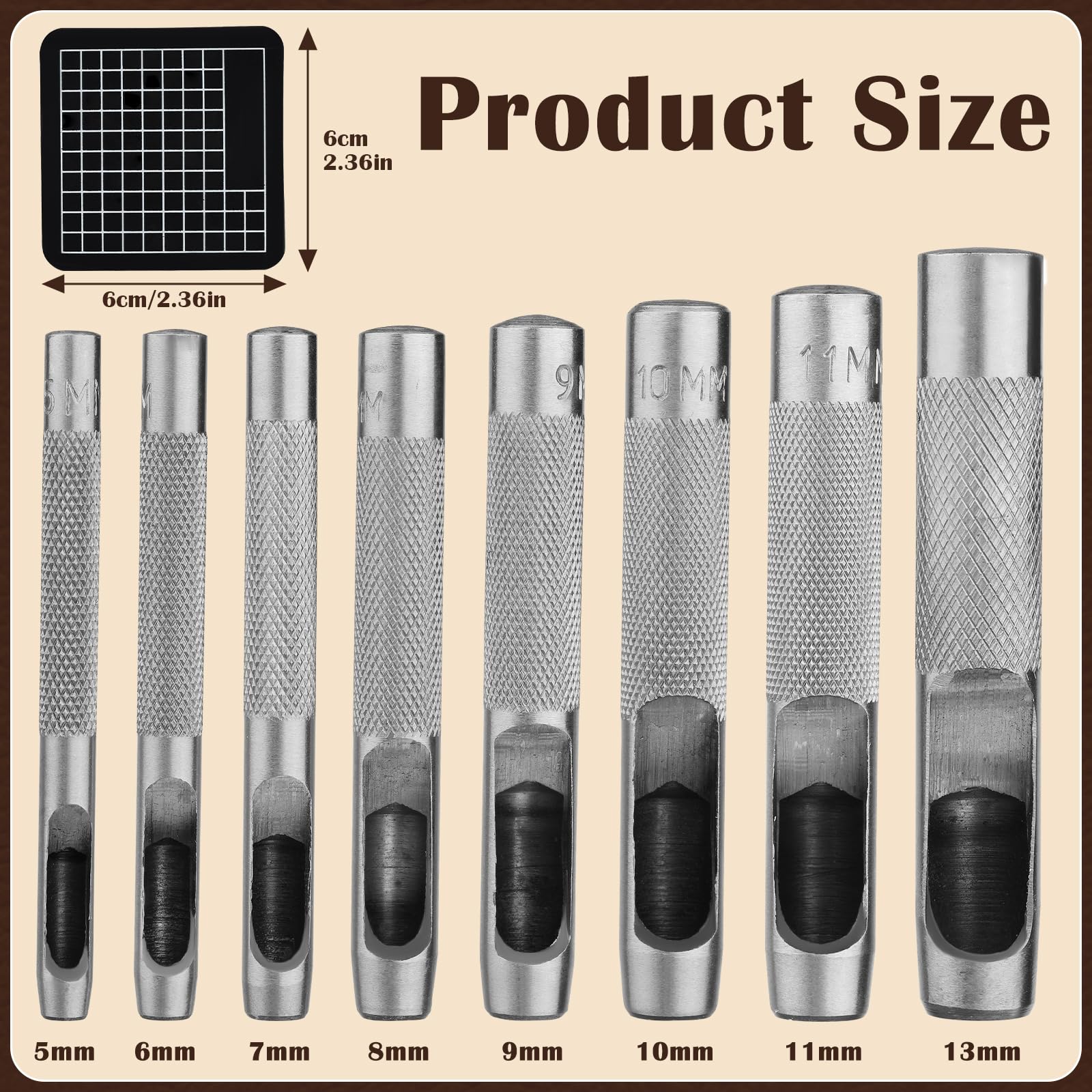 8 Stück Leder-Lochstanzer 5 mm - 13 mm Hohlstanzer Set für Lederbasteln, runde hohle Werkzeuge für Uhrenarmbänder, Gürtel, Leinwandpapier, Gummi, weiches Material