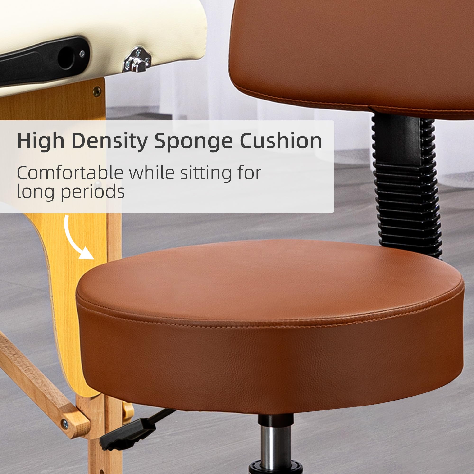 HOMCOM Silla giratoria de peluquería con asiento acolchado 48cm Marrón | 5 ruedas, altura ajustable, peluqueros, tatuaje, spa, cojín rodante, profesional