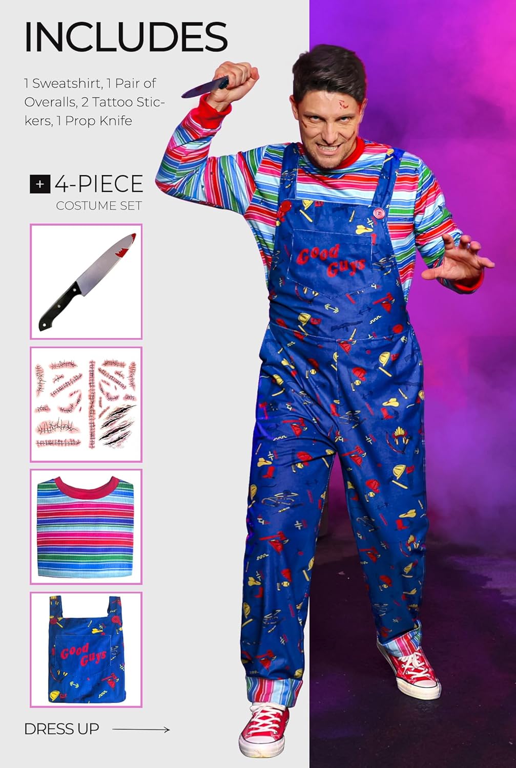 Arvilhill 4 Pcs Men's Killer Doll Costume Halloween Shirt Overalls Outfit with Prop Knife & Tattoo Stickers (S-3XL) - Image 5