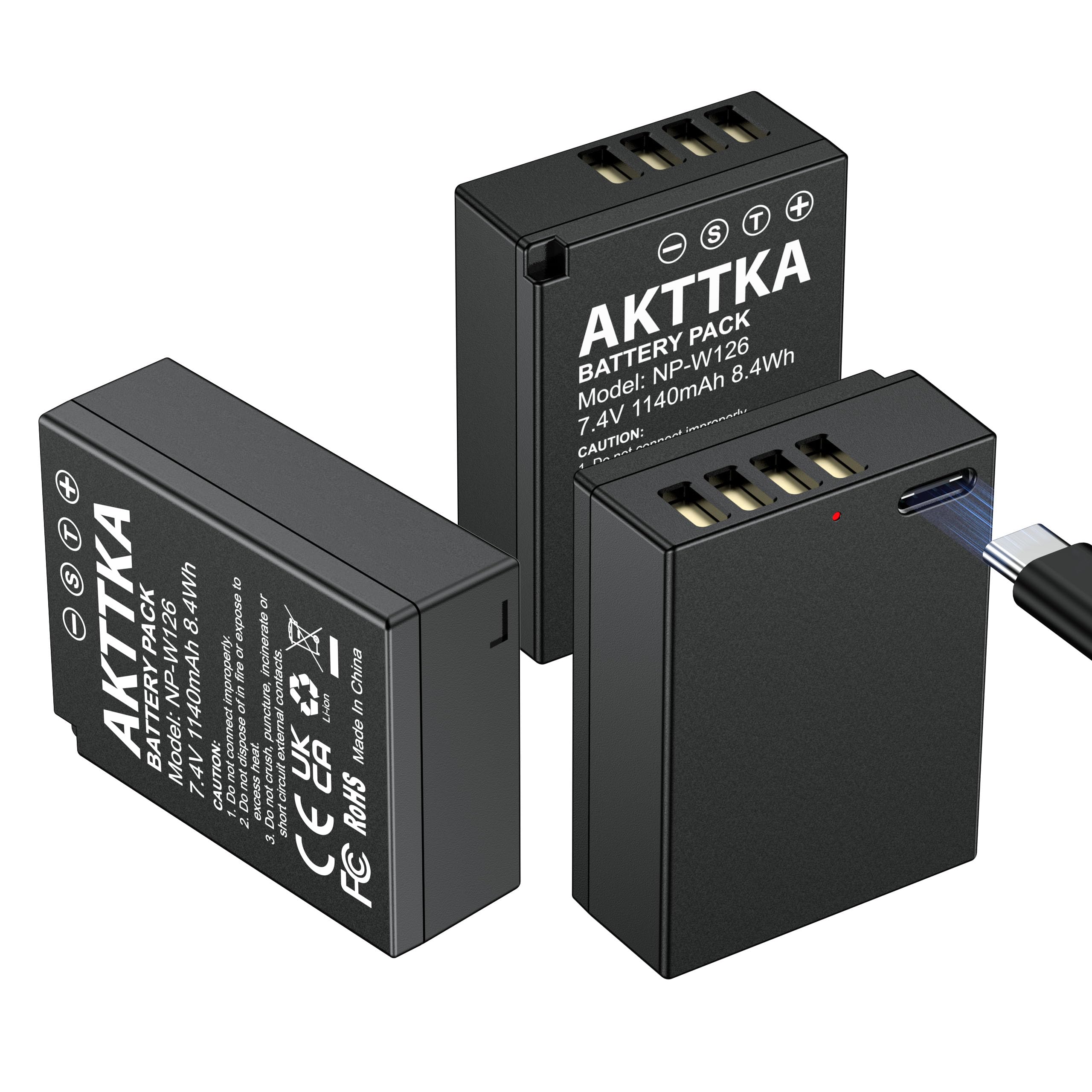 AKTTKA NP W126S/W126 1140mAh USB C Direct Charge Batteries (3 Pack) avec câble de Charge USB C 2 en 1 pour fujifilm X100F/X100V/X100VI/X A1/X E1/X E2 /X E3/X M1/X Pro1/X T1/X T2/X T50/X T100/HS30EXR