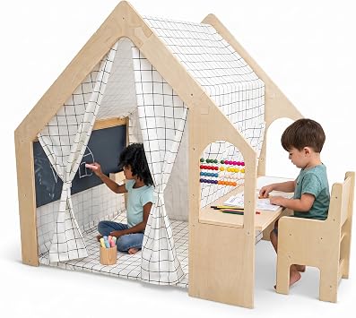 Avenlur Flair - 5 in 1 Indoor Playhouse with Desk Table, Chair, Chalkboard, Floor Cushion and Curtain Shades - Montessori and Waldorf Style for Ages 1 to 8 Years Old - Large, Colorful Windowpane