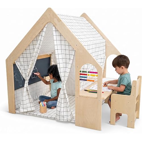 Avenlur Flair - 5 in 1 Indoor Playhouse with Desk Table, Chair, Chalkboard, Floor Cushion and Curtain Shades - Montessori and Waldorf Style for Ages 1 to 8 Years Old - (Large, Colorful Windowpane)