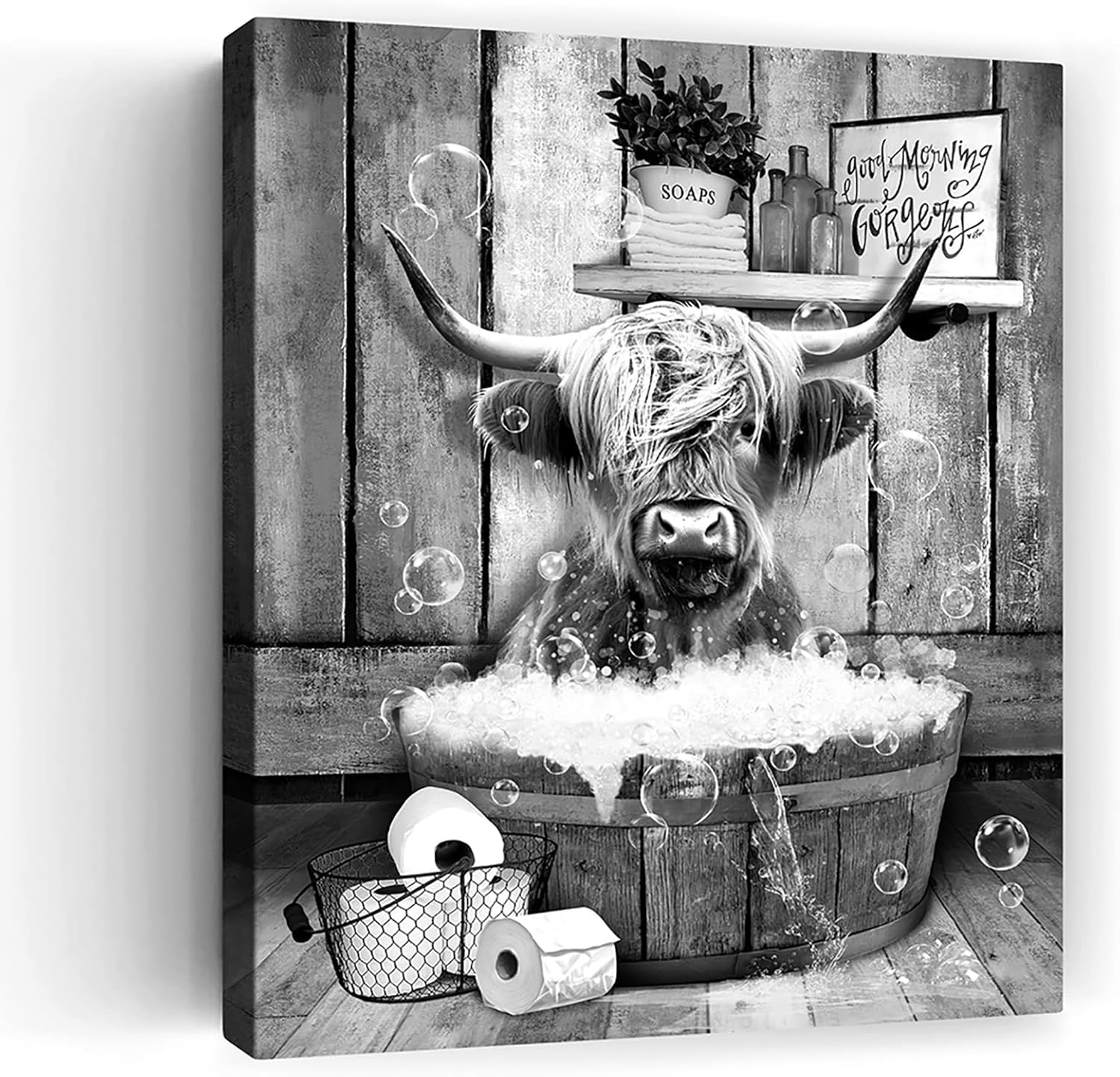 Funny Highland Cattle Wall Art Print, Vintage Rustic Funny Bathroom Highland Cow Canvas Art For Bathroom Toilet Decor, Farmhouse Wall Decor 16x20 Inch
