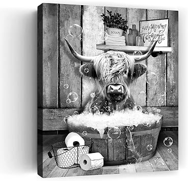 Funny Highland Cattle Wall Art Print, Vintage Rustic Funny Bathroom Highland Cow Canvas Art For Bathroom Toilet Decor, Farmhouse Wall Decor 8x10 Inch