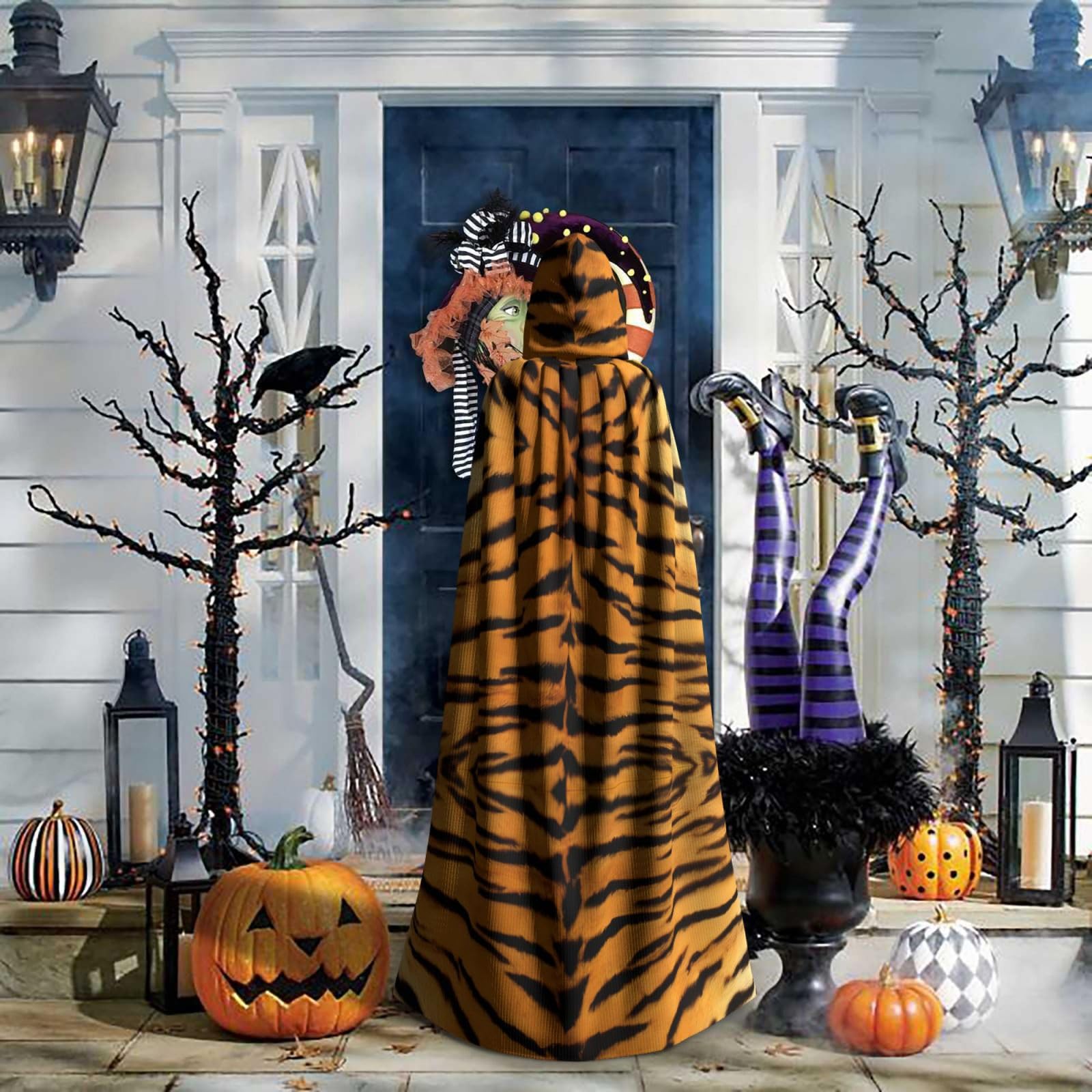 Mantello con cappuccio per Halloween, per adulti, facile da pulire, perfetto per feste e cosplay, palcoscenico e altro, con pelle di tigre, nero, Taglia unica