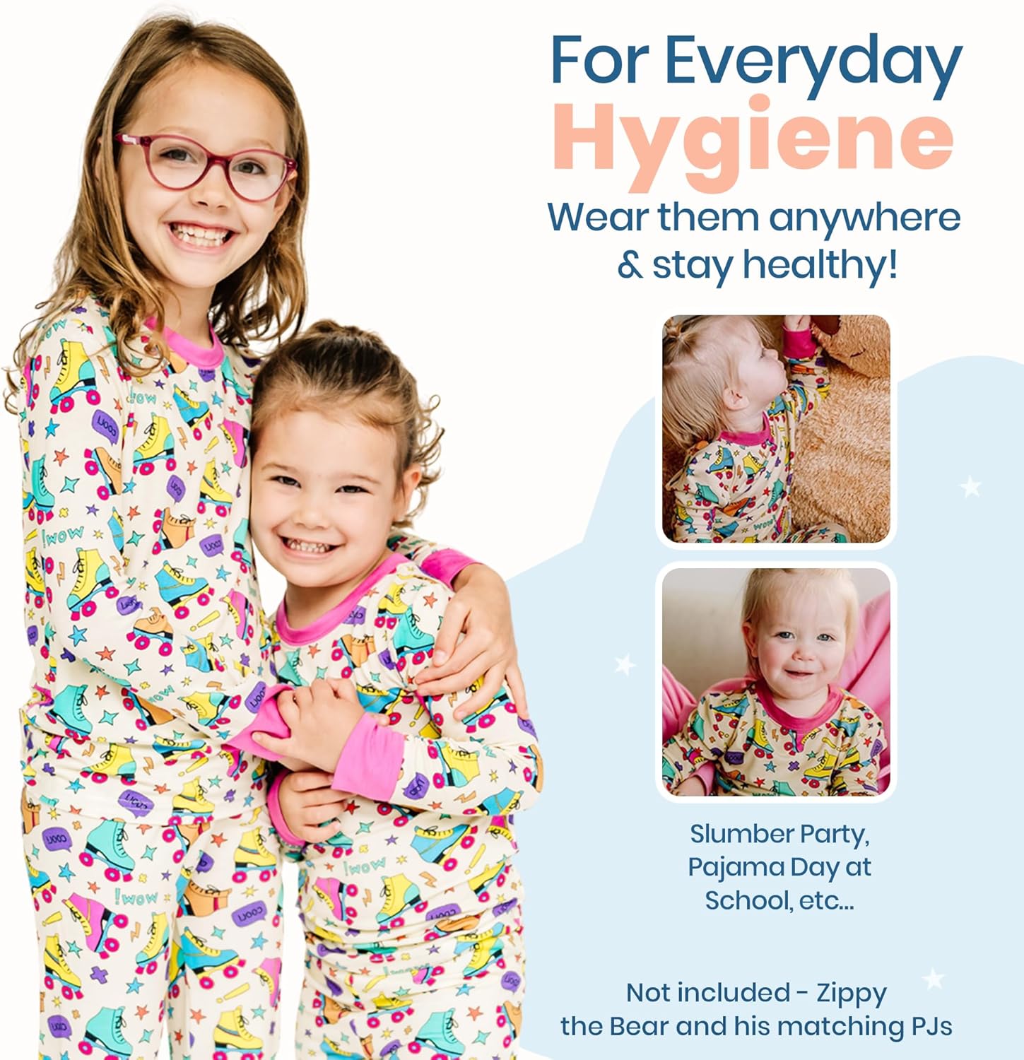Zip N' Bear Girls Pajama Set - Soft 2-Piece Viscose Bamboo Pajamas for Kids - Tagless Kids Sleepwear, Ideal Gift for Girls
