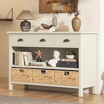 JINS&VICO Vintage Console Table with 3 Drawers, Wooden Storage Cabinet with 3 Water Hyacinth Woven Baskets, Side Cabinet with Open Shelf for Entryway/Living Room, Antique White