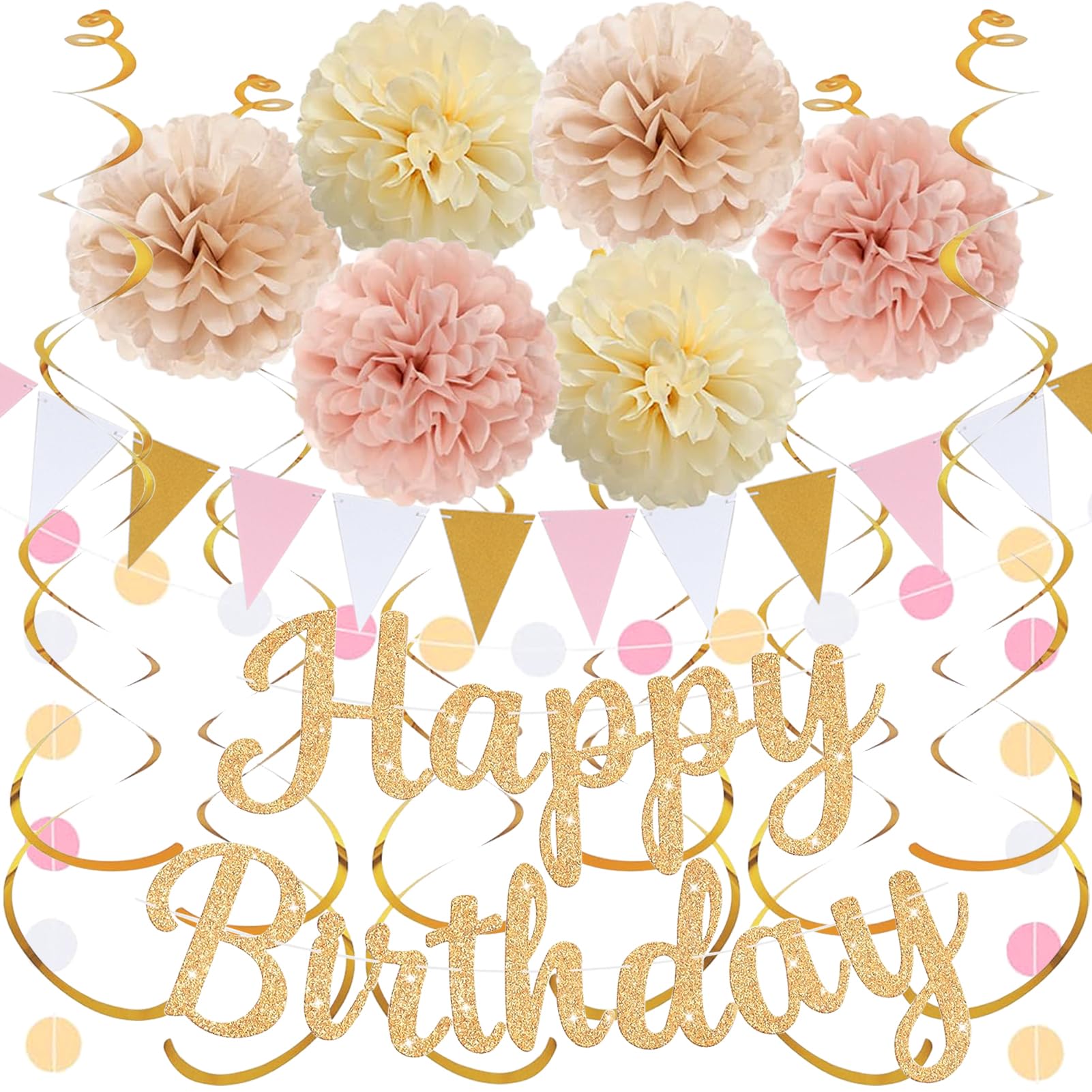 Gold Birthday Decorations, Happy Birthday Banner and Paper Pompoms, Hanging Swirls, Circle Dots Garland, Pennant Flags for Girls Women Party Decorations
