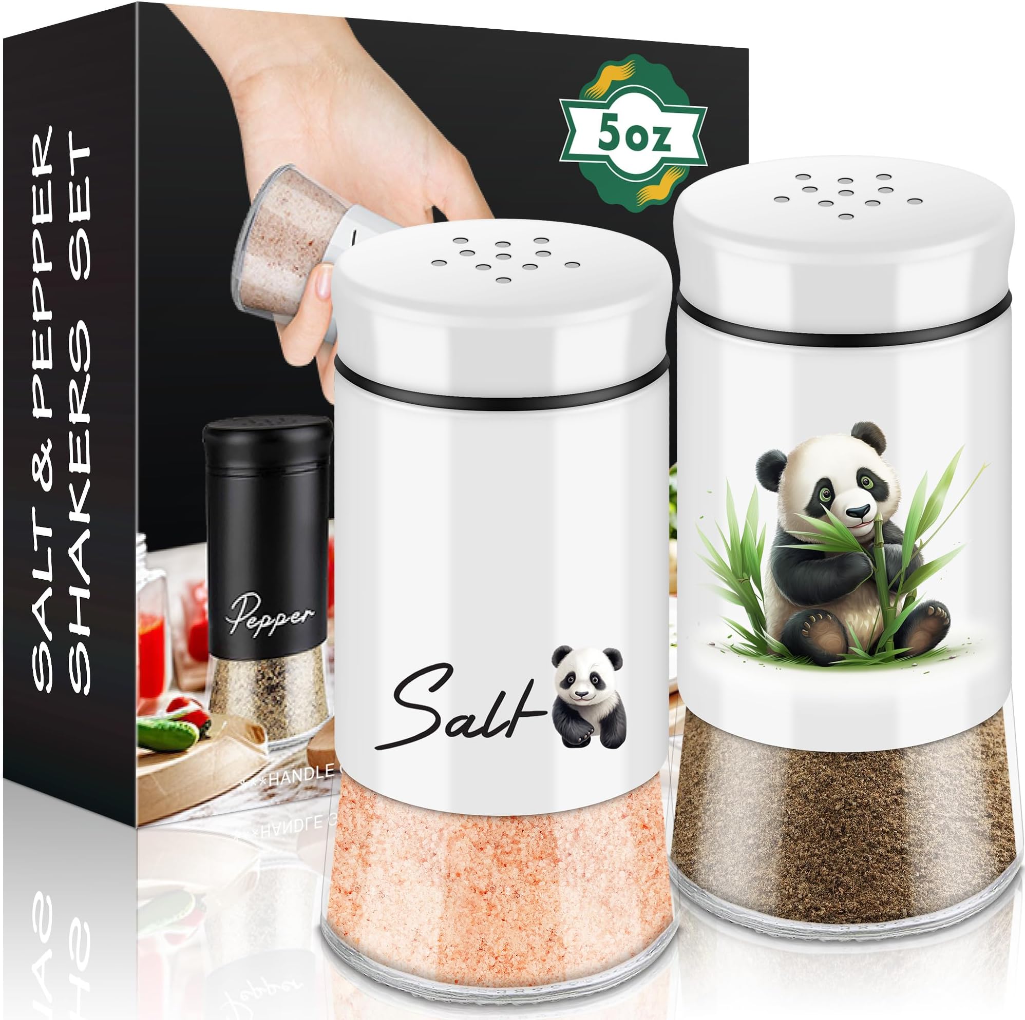 Panda Salt and Pepper Shakers Set,5 oz Glass Bottom Salt Pepper Shaker with Stainless Steel Lid Kitchen Decor and Accessories Refillable Design(Panda Eatting)