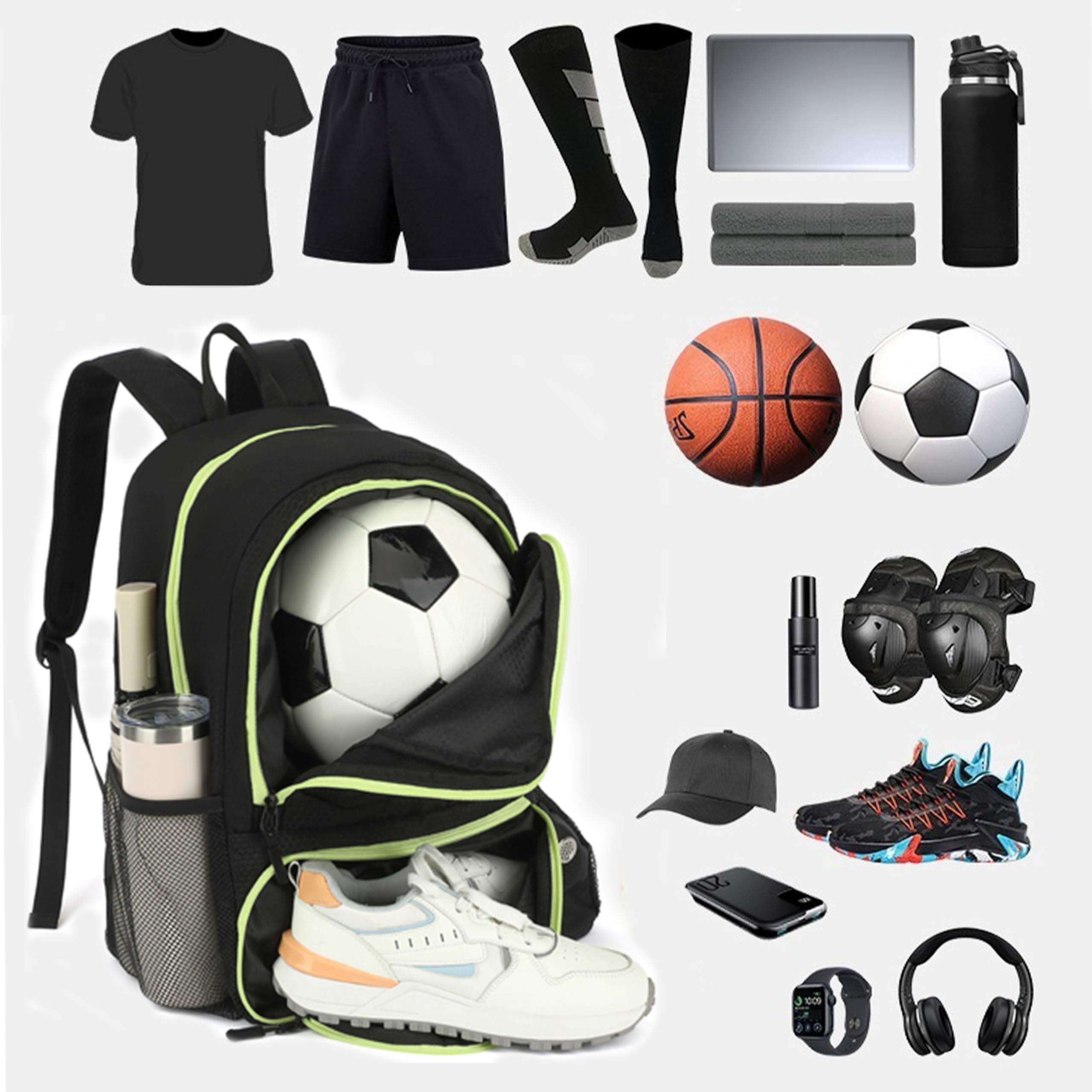 Mochila de fútbol, mochila de baloncesto con compartimento para pelotas y compartimento para zapatos, mochila deportiva ligera, resistente al agua, bolsa de equipamiento deportivo para