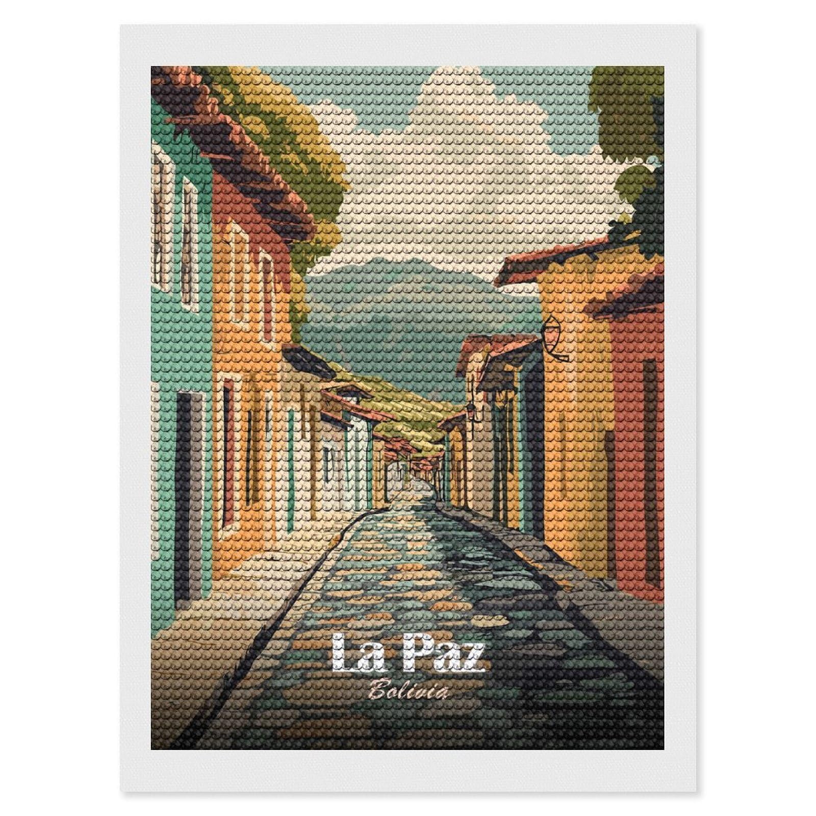 Junmoney La Paz, Bolivia Street View Illustration Round Drill Diamond Painting 12"x16", Satisfying Creative Project, Complete Accessories, Printed Canvas