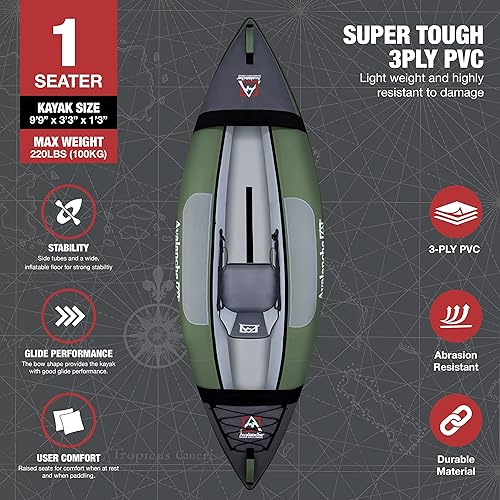 Miniatura 3 de Avalanche Juego de kayak inflable Voyager para 1 persona, incluye bomba, aleta, bolsa de transporte, asiento de kayak, remo y kit de reparación (1