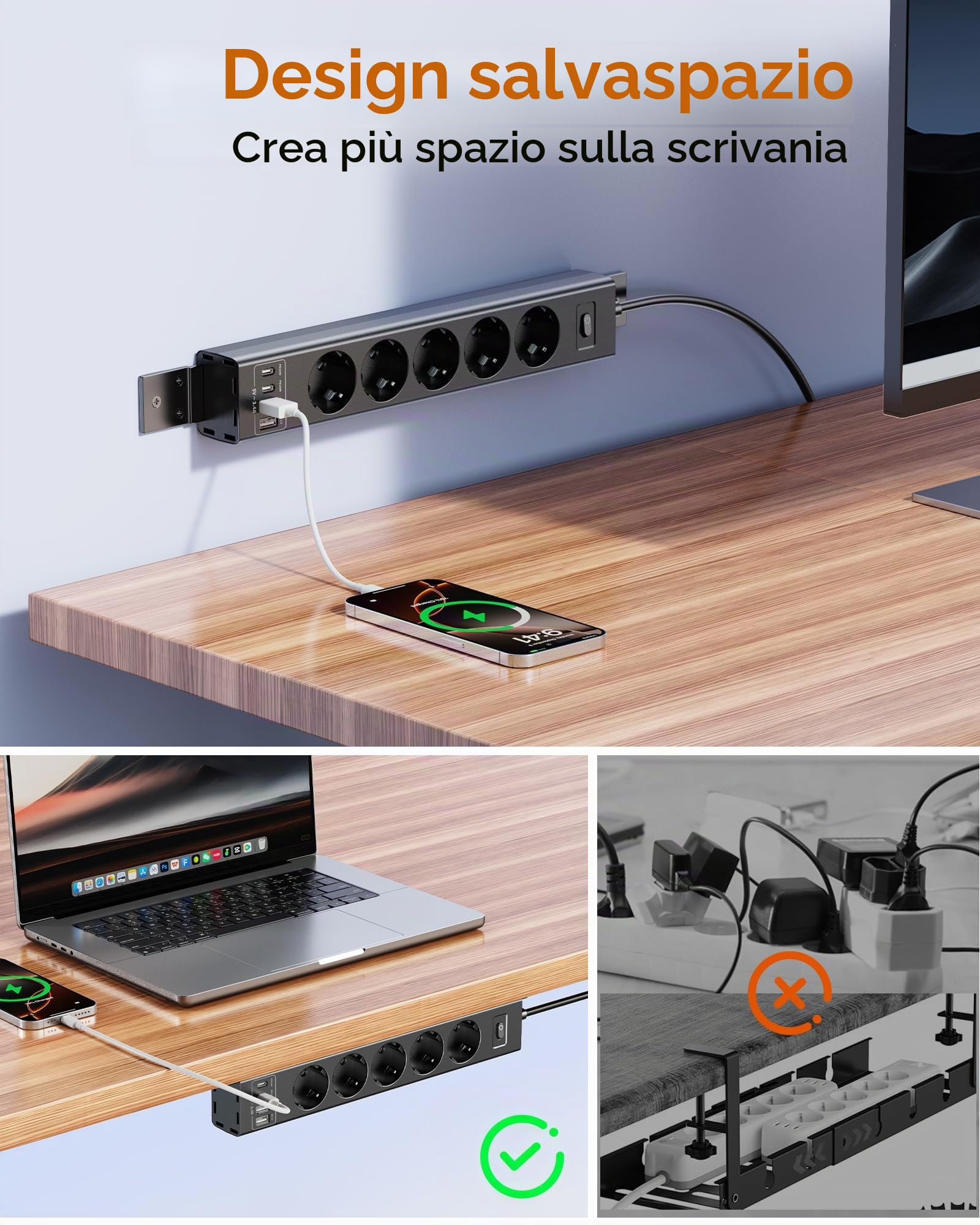 Ciabatta elettrica montabile a 360° con 4 porte USB (2 x USB-C), cavo di prolunga da 2 m, ciabatta avvitabile per parete, scrivania, angolo e montaggio sottopiano