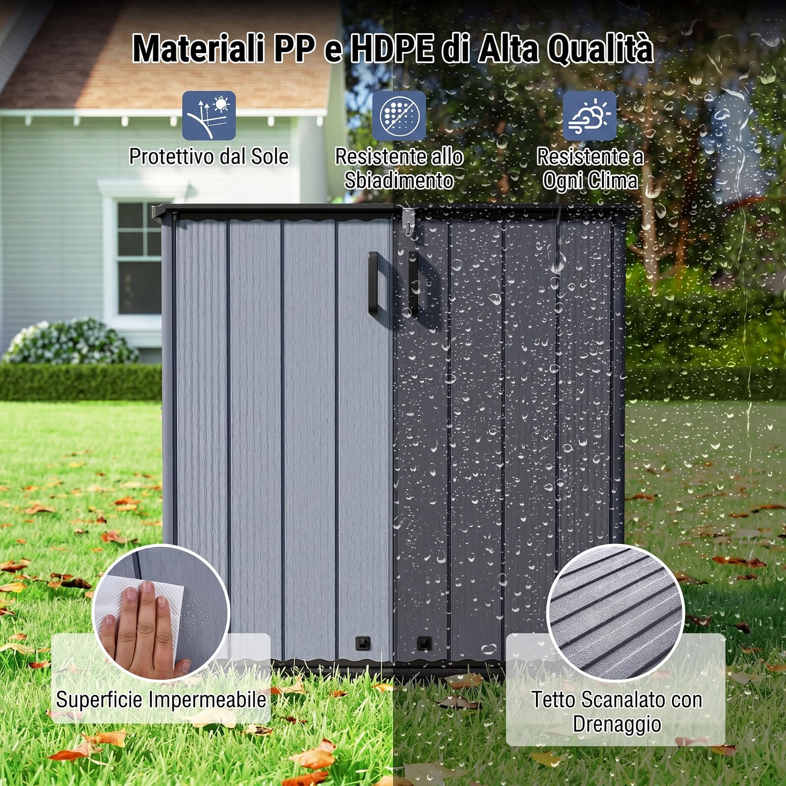 COSTWAY Armadio da Esterno e Interno Impermeabile, Mobile Contenitore per Attrezzi in Plastica PP e HDPE con Porta con Serratura e Tetto scanalato di Drenaggio, 120 x 65 x 117 cm (Grigio)